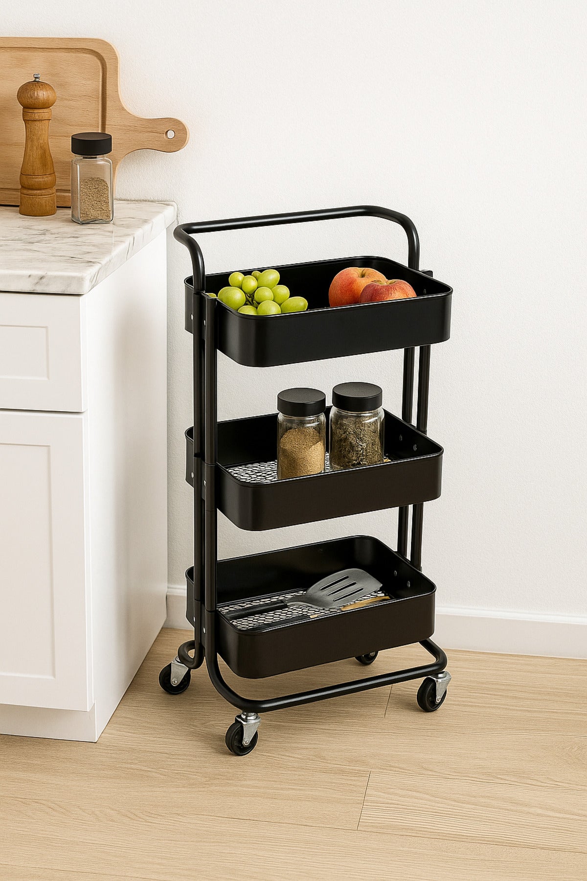 3-Layer Black Metal Storage Trolley with Wheels Ð Modern Rolling Organizer Cart