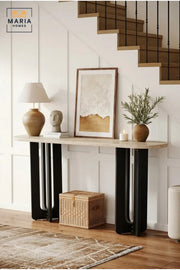 Modern Marble Top Console Table with Wooden Base for Entryway, Hallway & Living Room