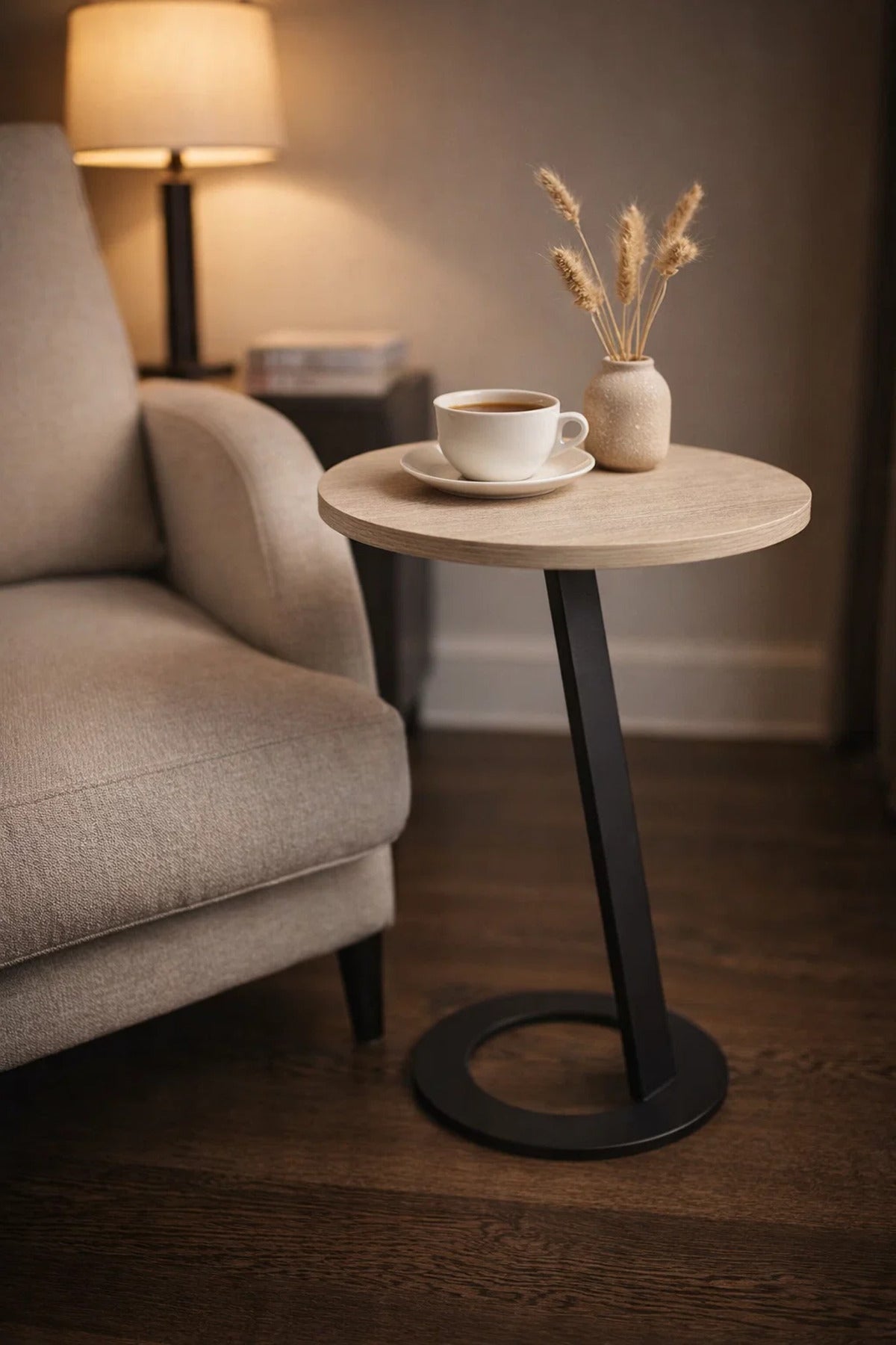 Beige Round Side Table 45_45_60 CM Wooden Top with Black Metal Base beige round side