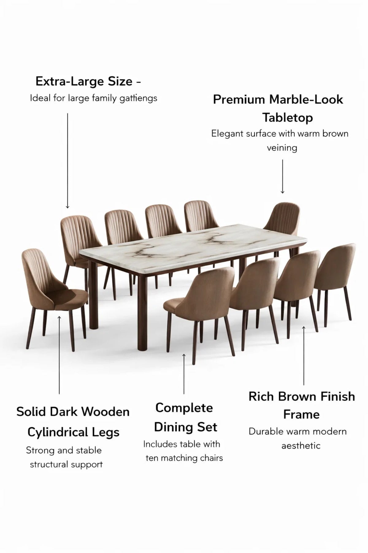 Modern 11-Piece Dining Room Set Marble Pattern Table 225cm with 10 Upholstered Chairs Brown