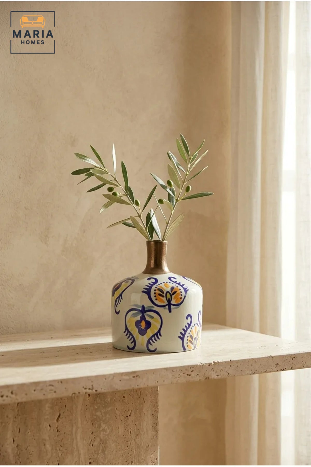 Multicolour Floral Decorative Vase, Modern Ceramic Flower Holder with Narrow Metallic Neck for Living Room, Bedroom, Office, Shelf and Table Décor