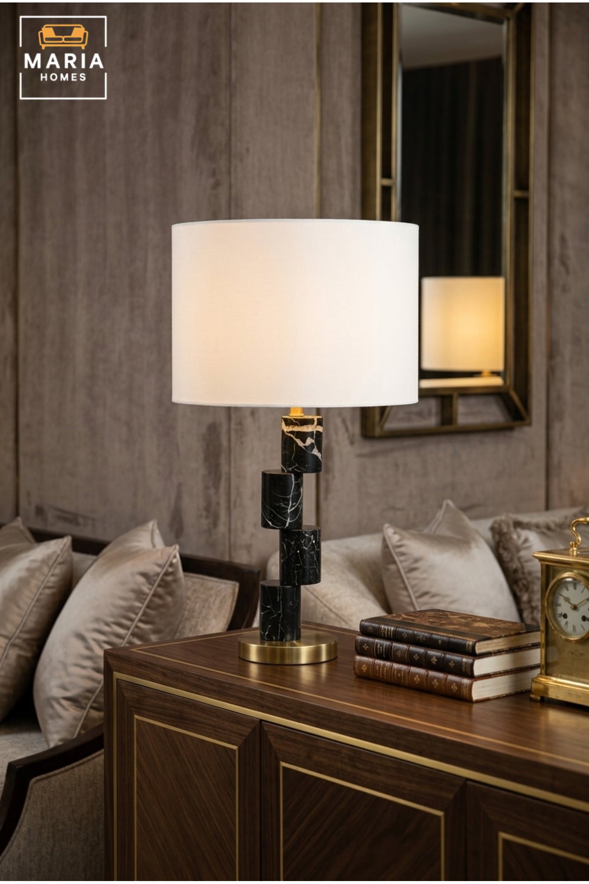 Modern Black Marble Effect Table Lamp with Geometric Column, White Fabric Drum Shade and Gold Base Decorative Bedside Light for Home and Office