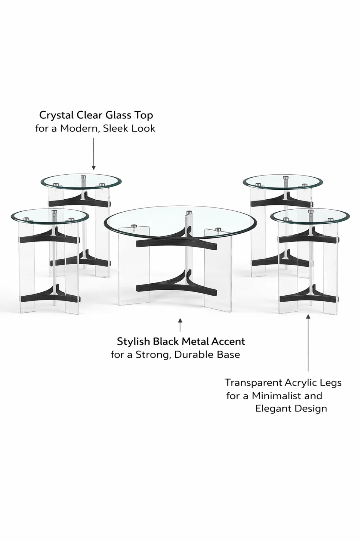 5-Piece Glass Coffee Table Set with Black Acrylic Base √ê Modern Design for Living Room