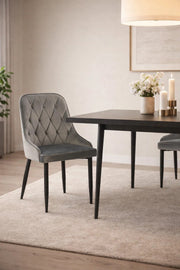 Modern Dark Grey Velvet Dining Chair Tufted Backrest Black Metal Legs Stylish Kitchen Seat Furniture