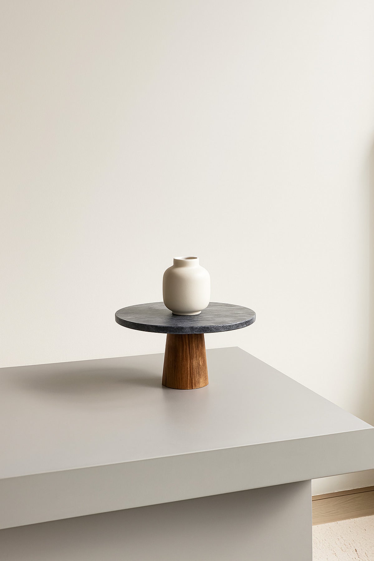 Black Marble Decorative Pedestal Ð Round Display Stand with Wooden Base