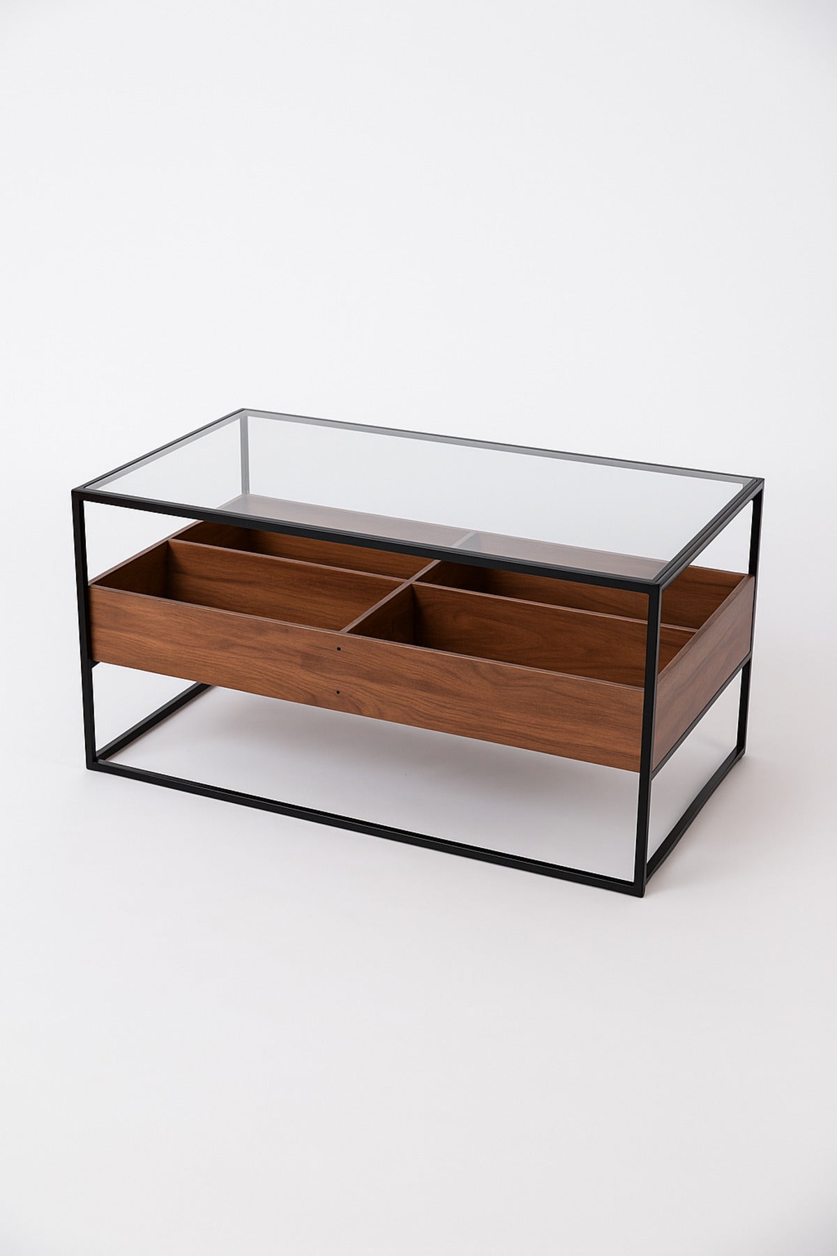 Walnut Coffee Table with Glass Top & Black Metal Frame Ð 120_60_45 cm