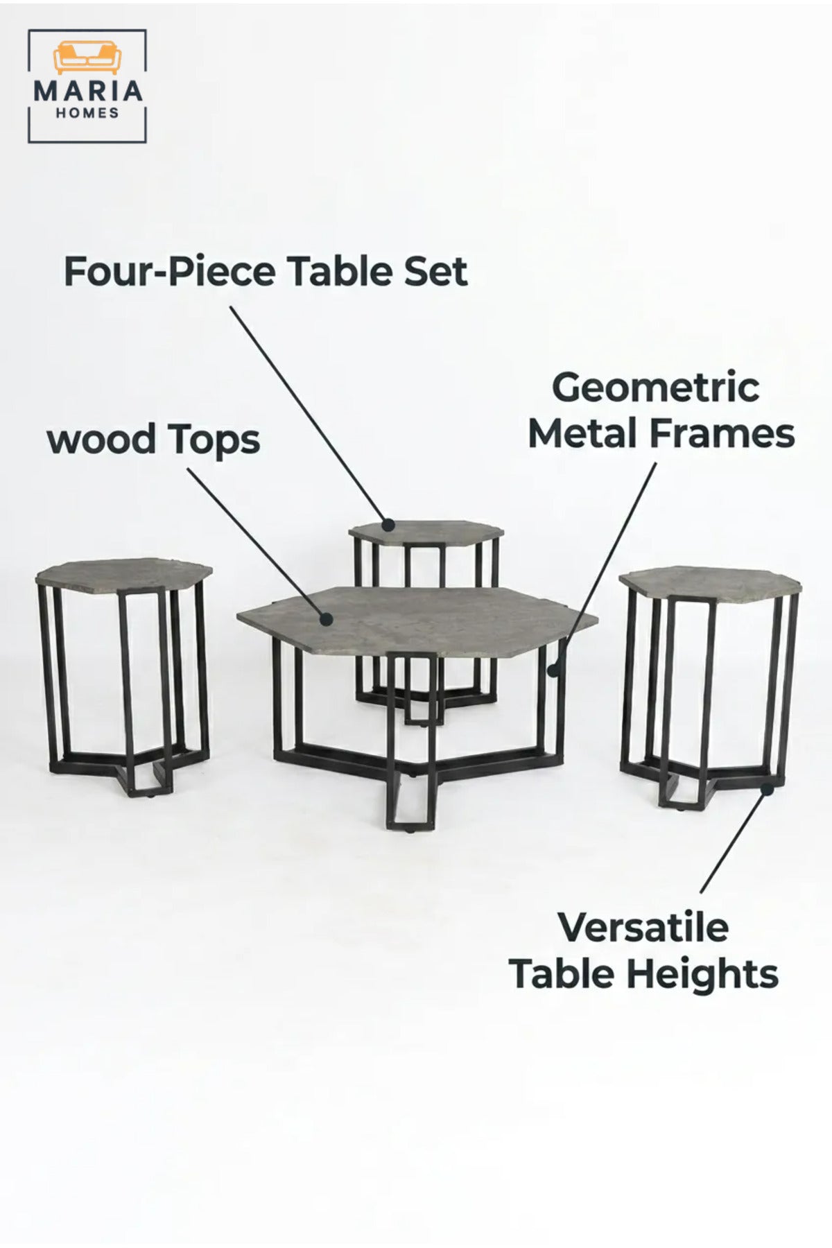 Modern Four-Piece Coffee Table Set with Hexagonal Center Table and Three Nesting Side Tables, Space-Saving Accent Tables for Living Room and Lounge