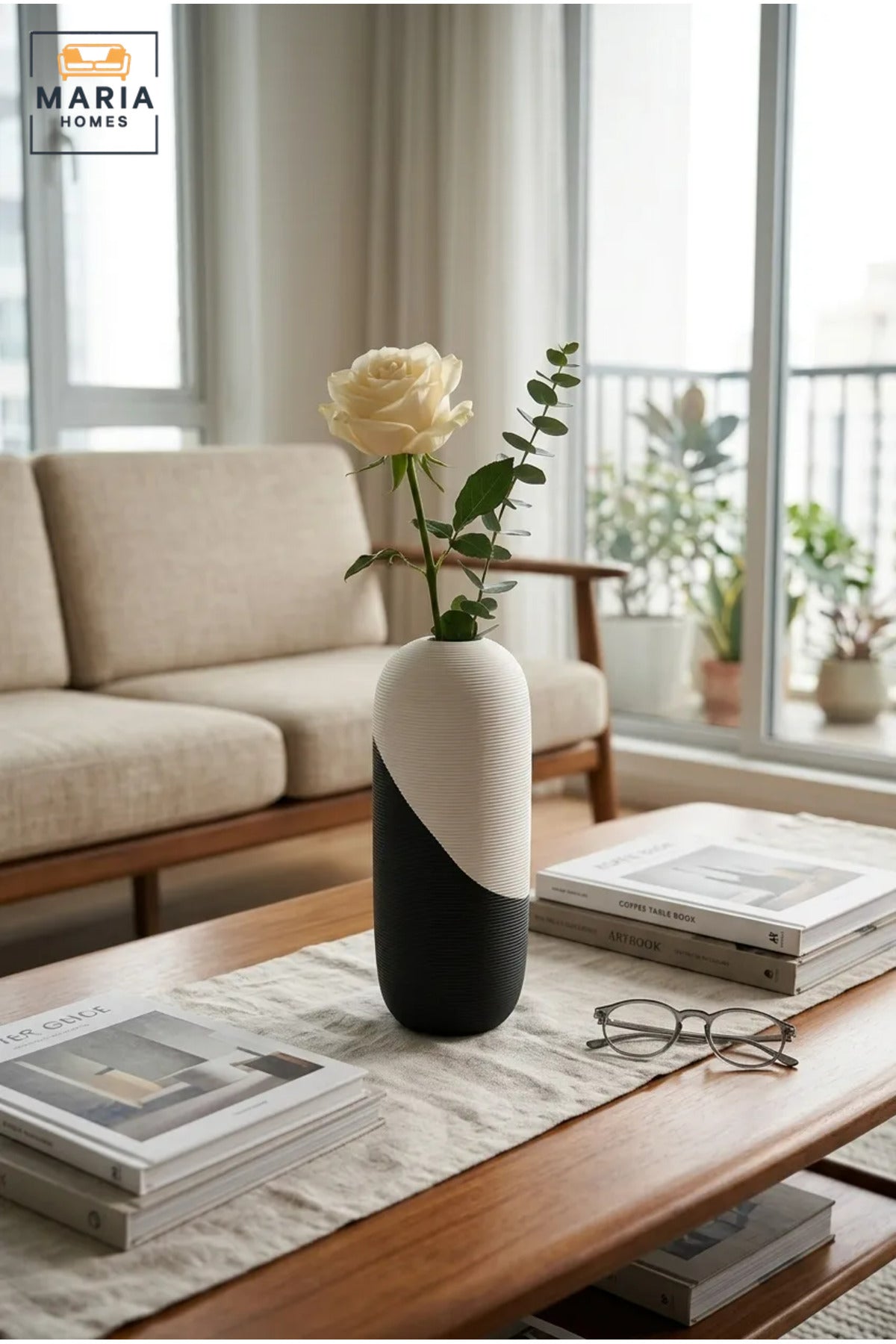 Modern Decorative Flower Vase with Two-Tone Abstract Design, Oval Cylinder Shape and Ribbed Texture for Living Room, Bedroom, Office and Console Décor