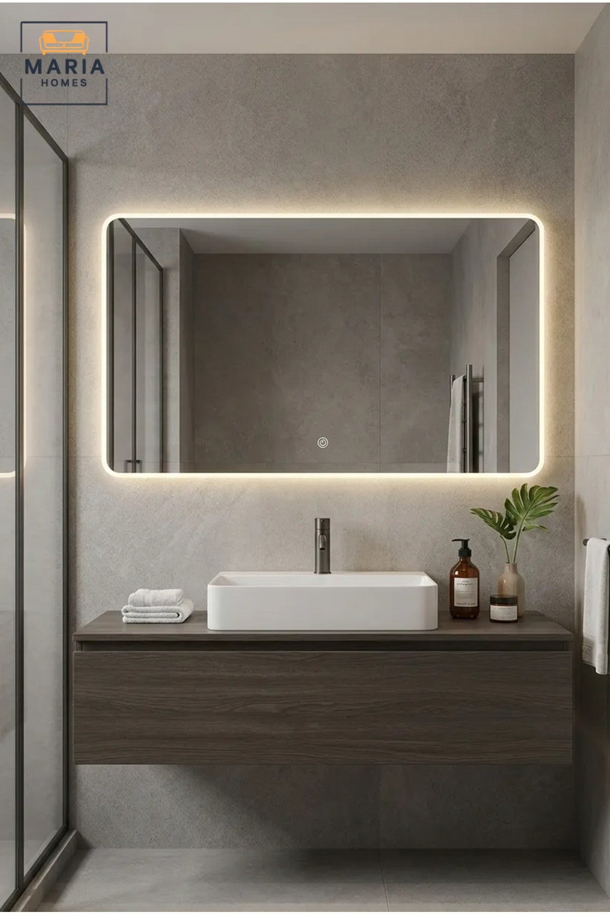 Frameless Rectangular LED Wall Mirror 120 × 60 cm with Touch Sensor, Rounded Corners and Backlit Lighting for Bathroom, Bedroom, Dressing Area and Vanity