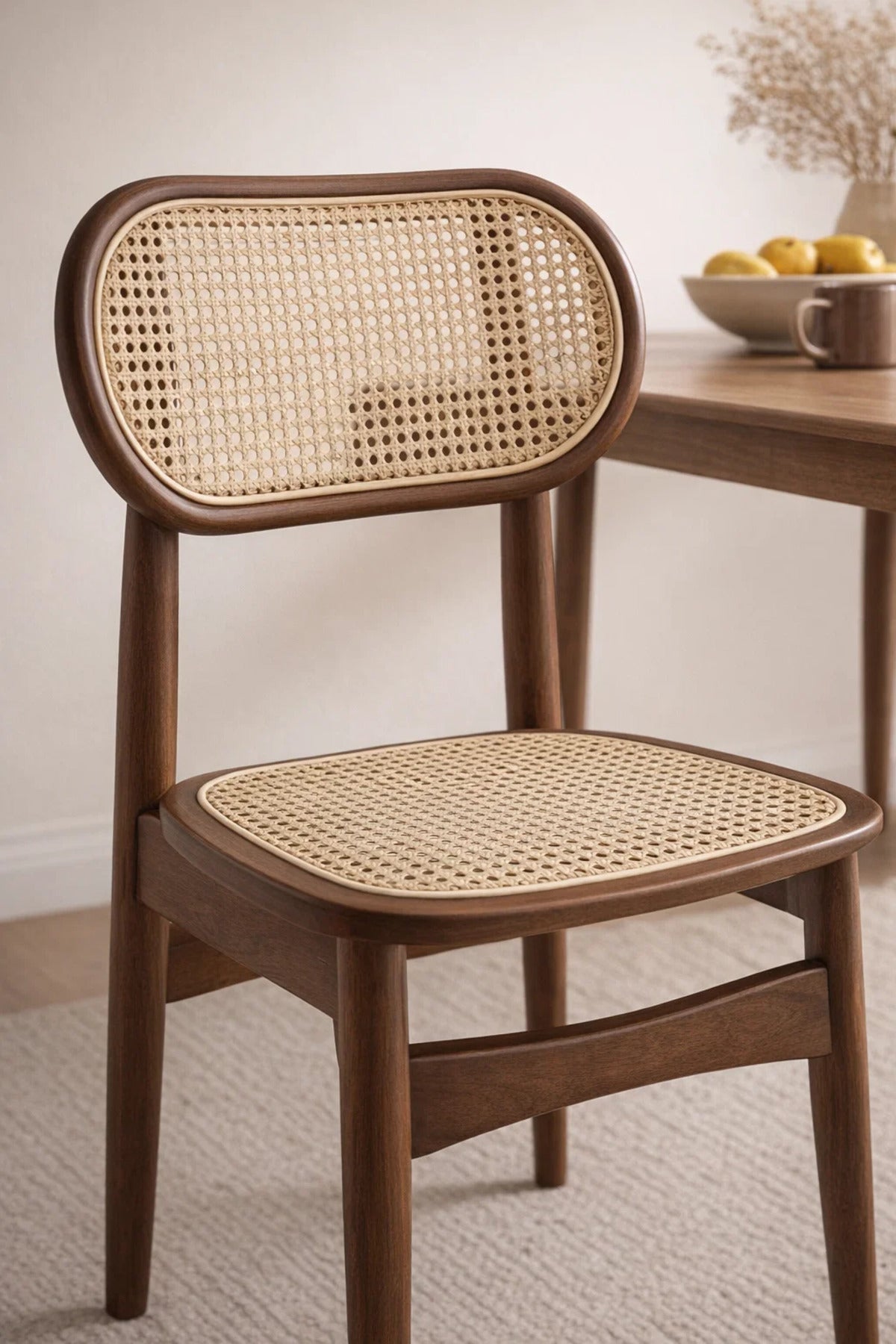 Dark Brown Wooden Rattan Dining Chair 68cm Height Natural Cane Seat Modern dark brown