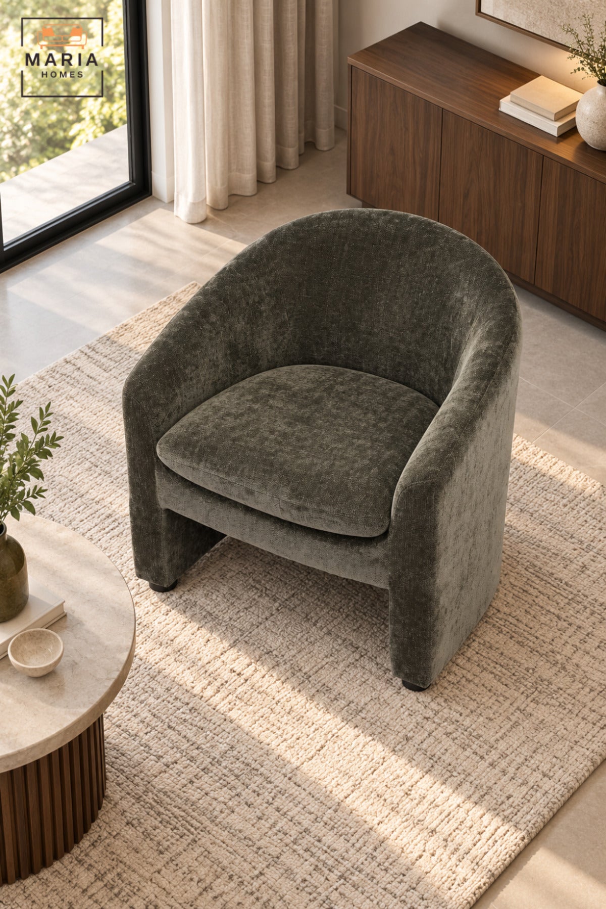 Modern Dark Grey Fabric Accent Chair with Curved Backrest, Cushioned Seat and Integrated Armrests for Living Room, Bedroom, Lounge & Reception