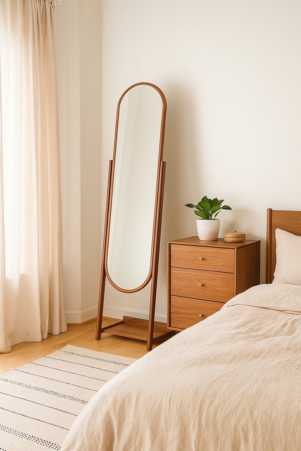 Full-Length Oval Standing Mirror 170_44_32 cm Ð Walnut Wood Frame Dressing Mirror with Base Shelf