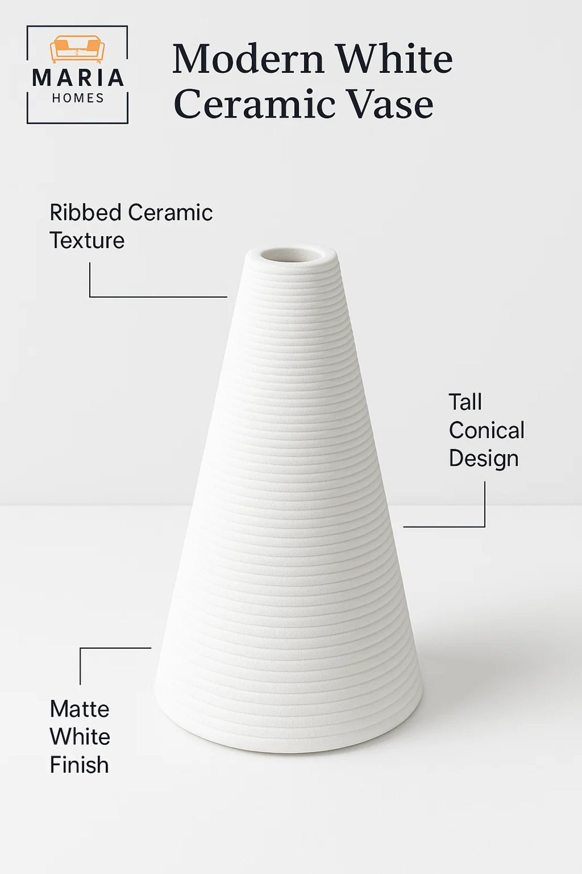 Modern White Decorative Vase Ð Cone-Shaped Ceramic Table Vase for Home & Office Decor