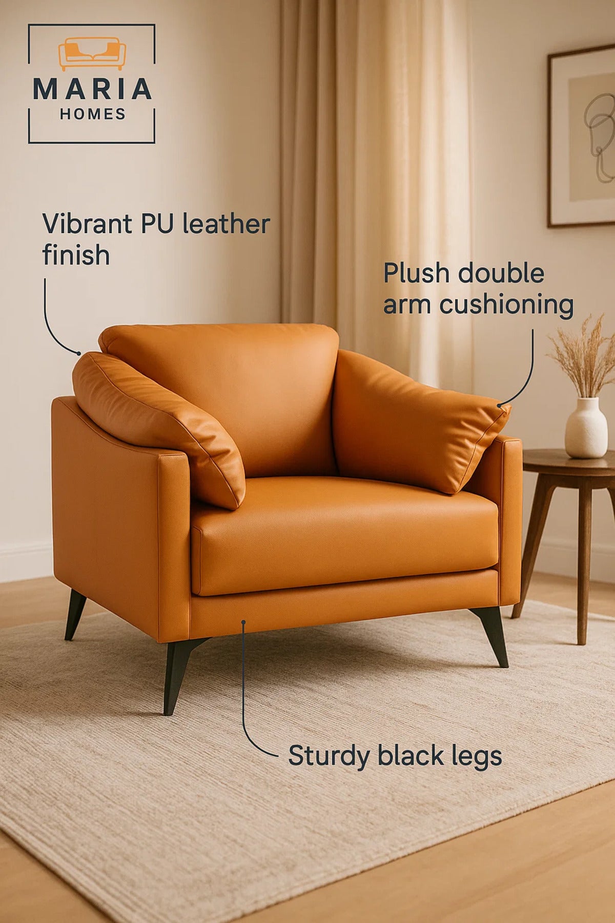 Modern Mustard Yellow Leather Armchair Ð Wide Seat with Pillow Armrests