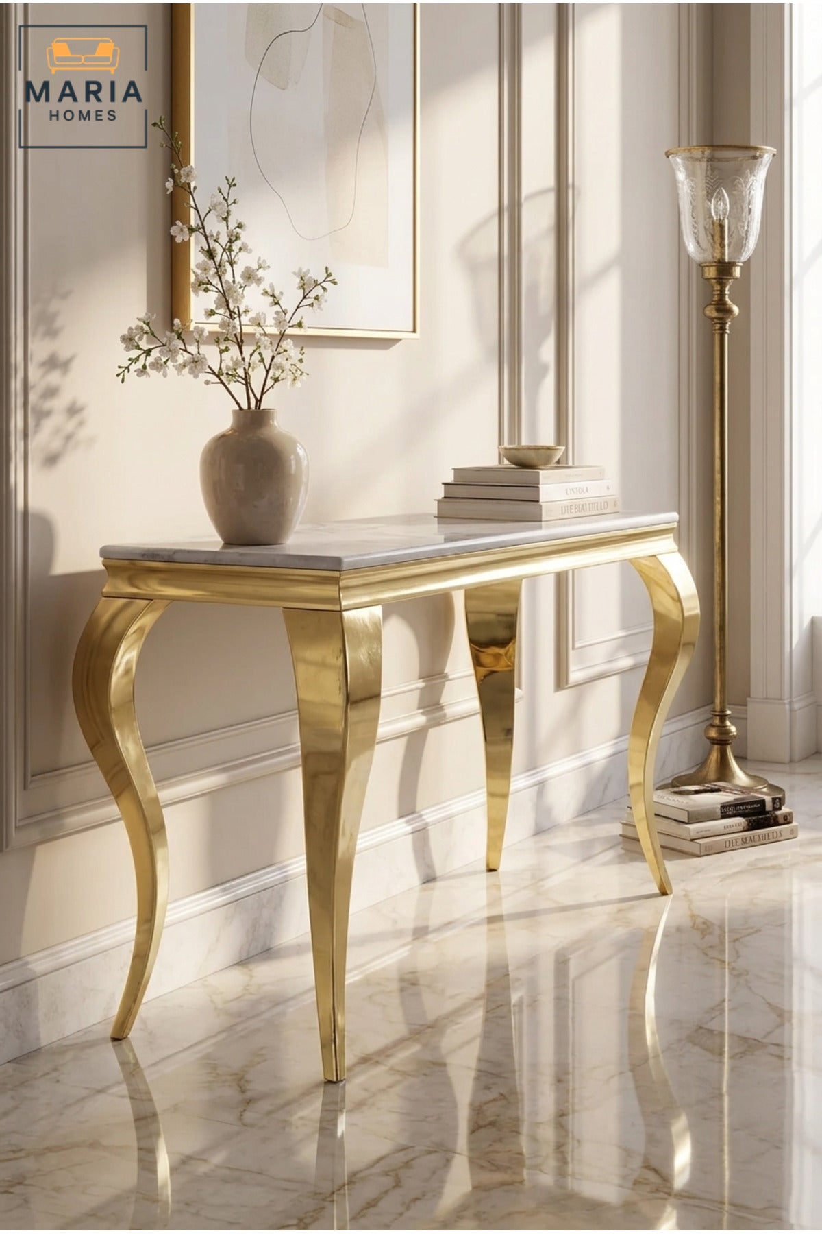 Luxury Console Table with Marble Top & Gold Metal Base √ê Modern Entryway Table for Hallway & Living Room