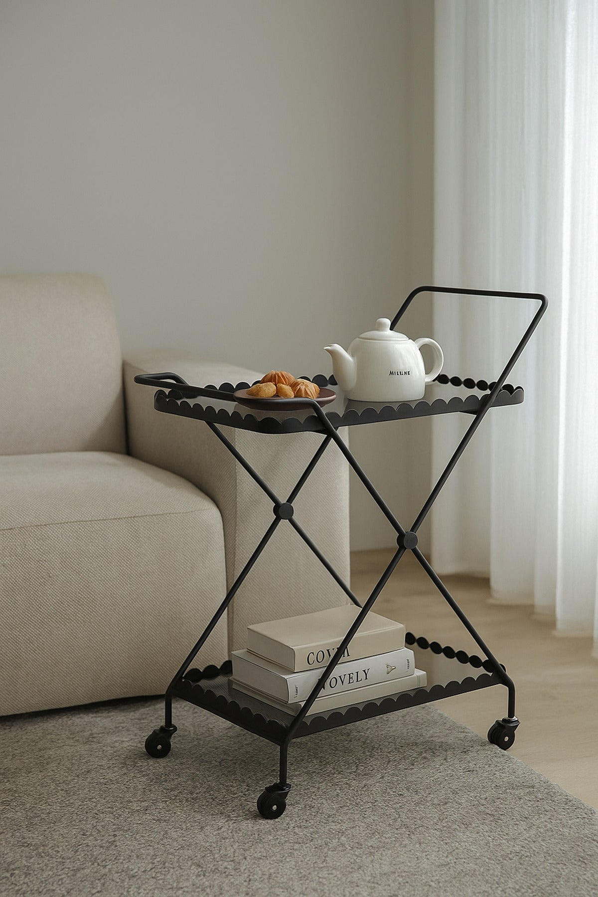 Elegant Black Metal Serving Trolley with Wheels Ð 2-Tier Bar Cart 58_38_90 cm