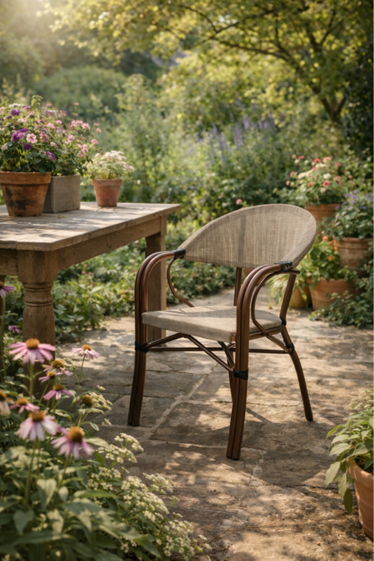 Beige and Coffee Outdoor Dining Chair with Mesh Back Armrests beige coffee Garden