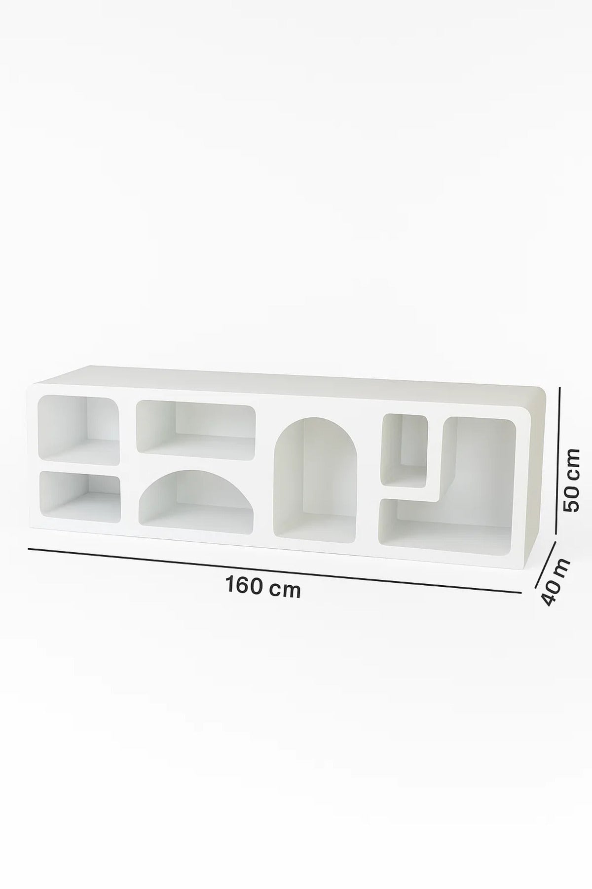 Modern White Geometric TV Stand with Open Display Shelves Ð 160x40x50 cm