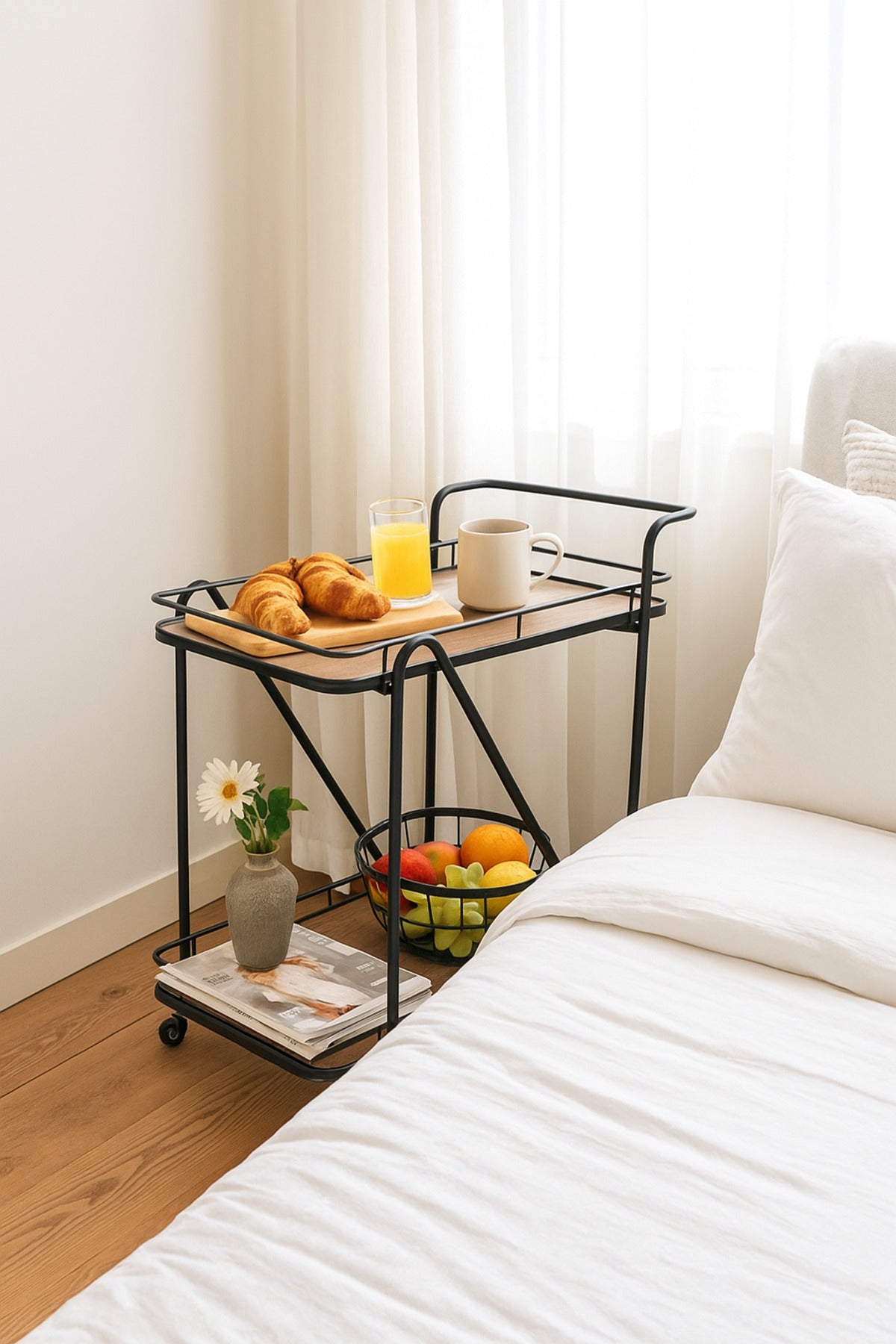 2-Tier Brown Serving Trolley with Wheels Tea & Coffee Cart | Metal Frame & Wood Shelves 70_40_85 cm