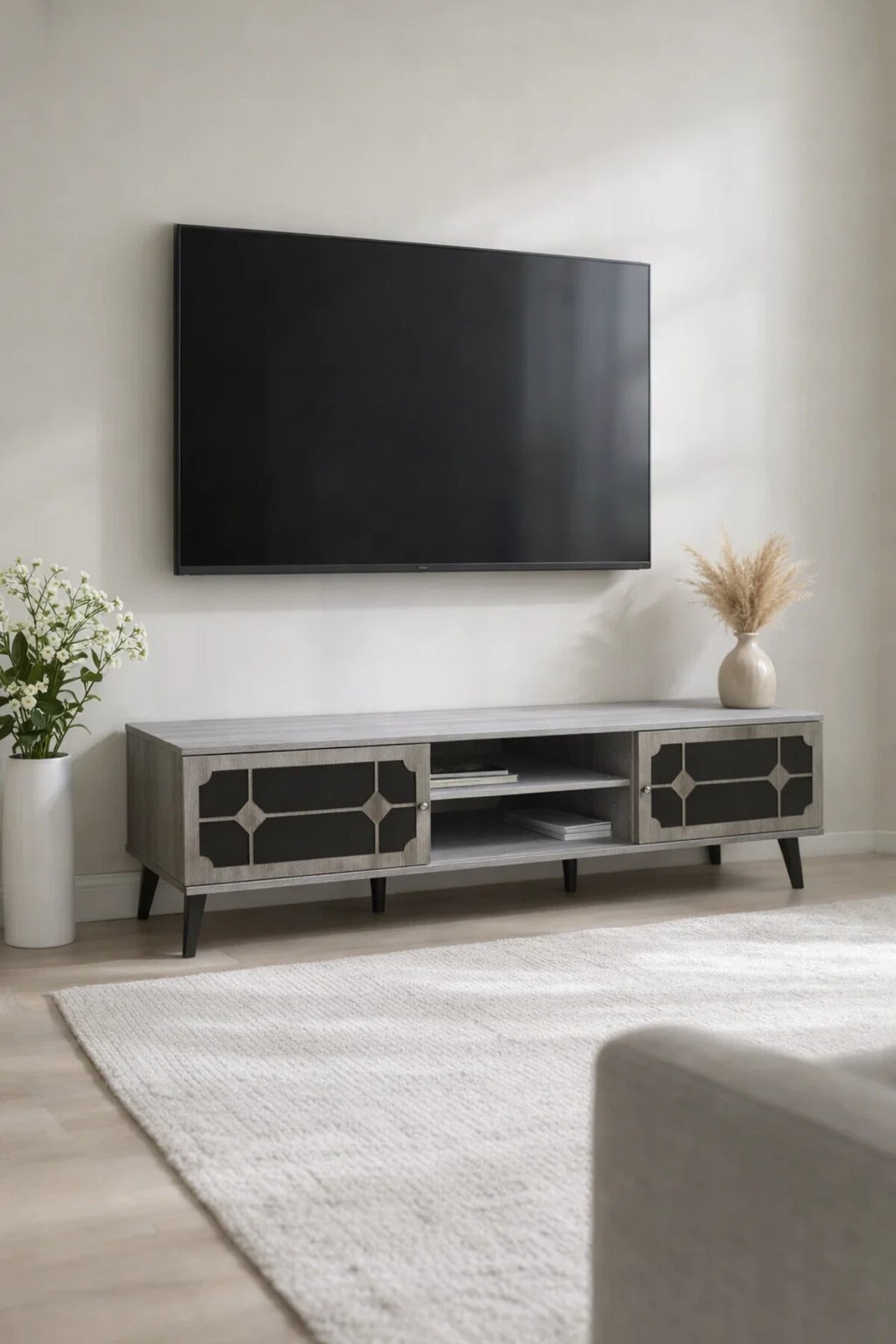 Modern 180cm TV Unit Entertainment Center Beige Wood Black Geometric Storage for Living Room Style