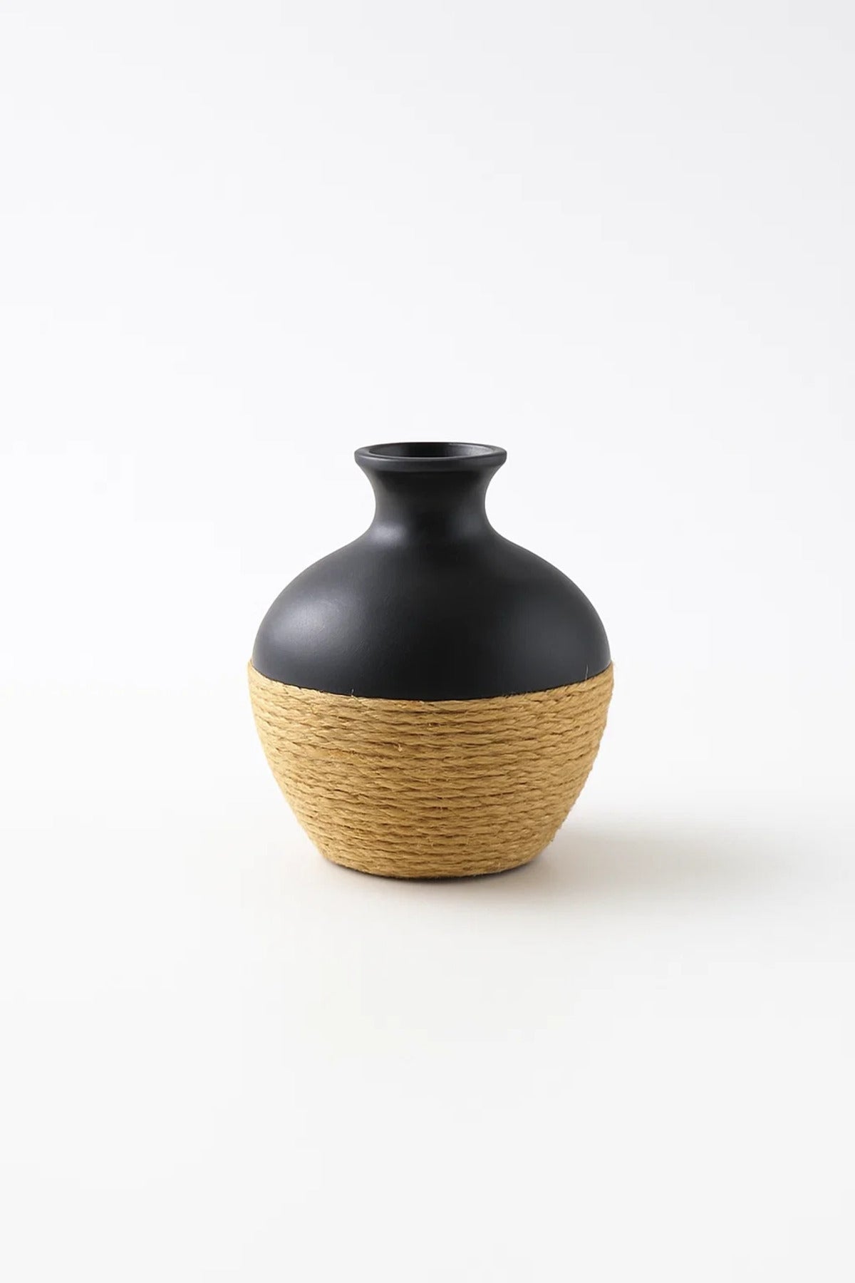 Black Ceramic Round Vase Ð Modern Decorative Rope Design Flower Pot for Home DŽcor