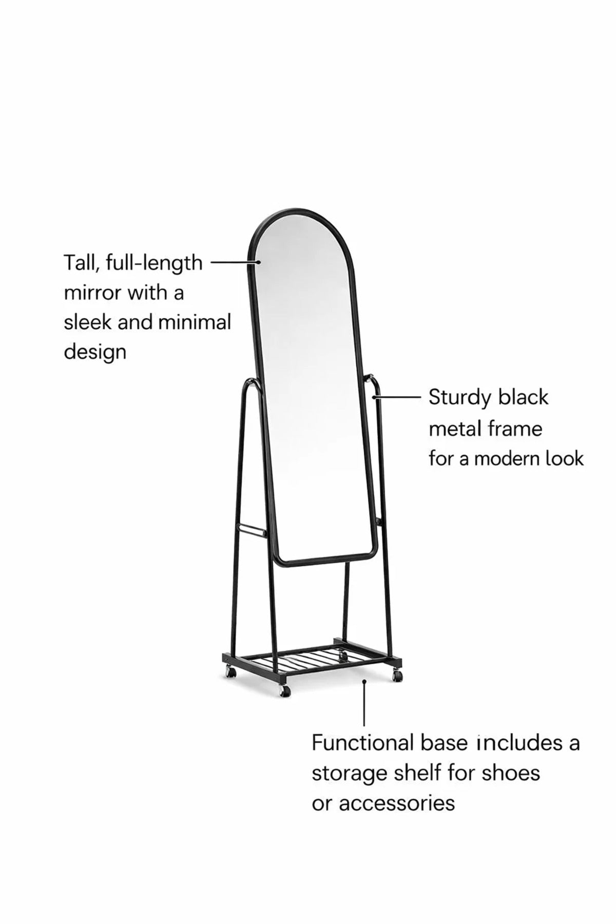 Mobile Floor Standing Mirror Black Arched Full Length Dressing Mirror on Wheels Storage Shelf