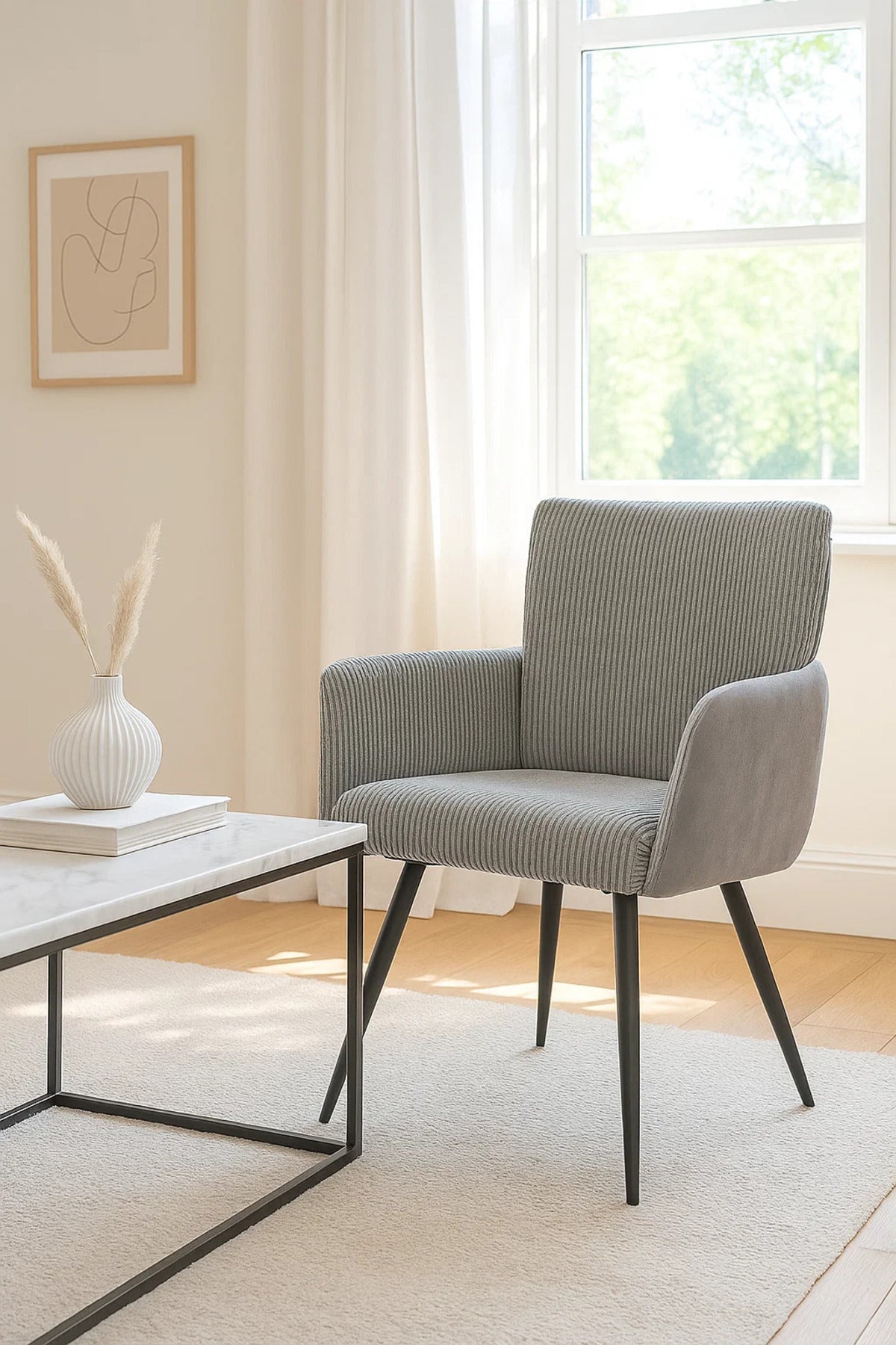 Contemporary Light Grey Corduroy Armchair with Metal Legs, Comfortable Modern Accent Chair