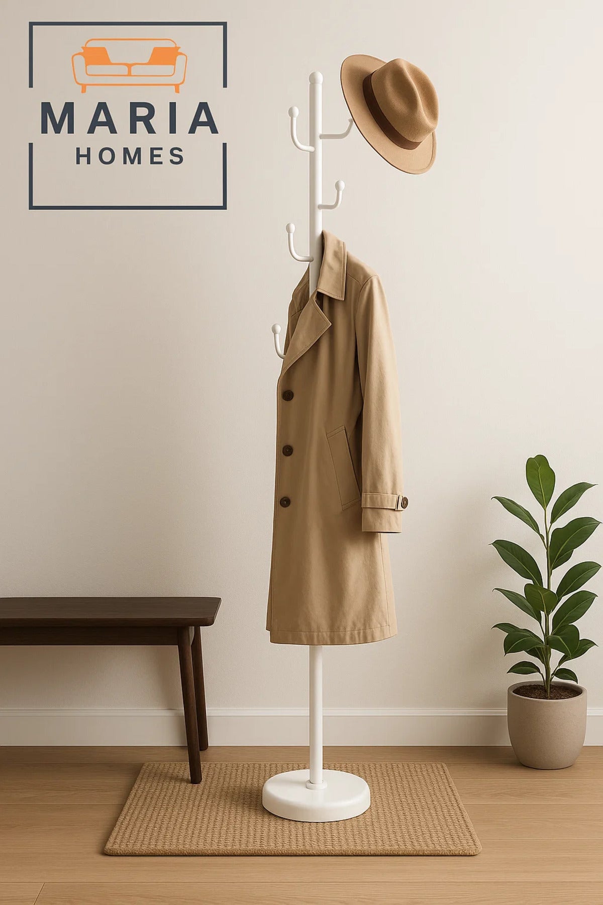 White Metal Coat Rack with Rounded U-Shaped Hooks