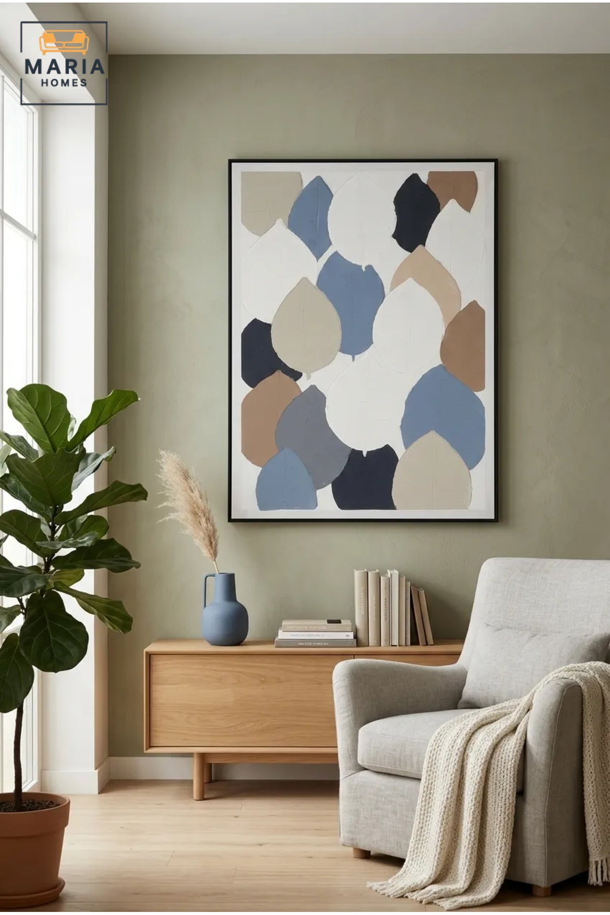 Modern Abstract Textured Wall Art with Slim Black Frame, Blue, Beige and Grey Geometric Canvas Print for Living Room, Bedroom and Office Décor