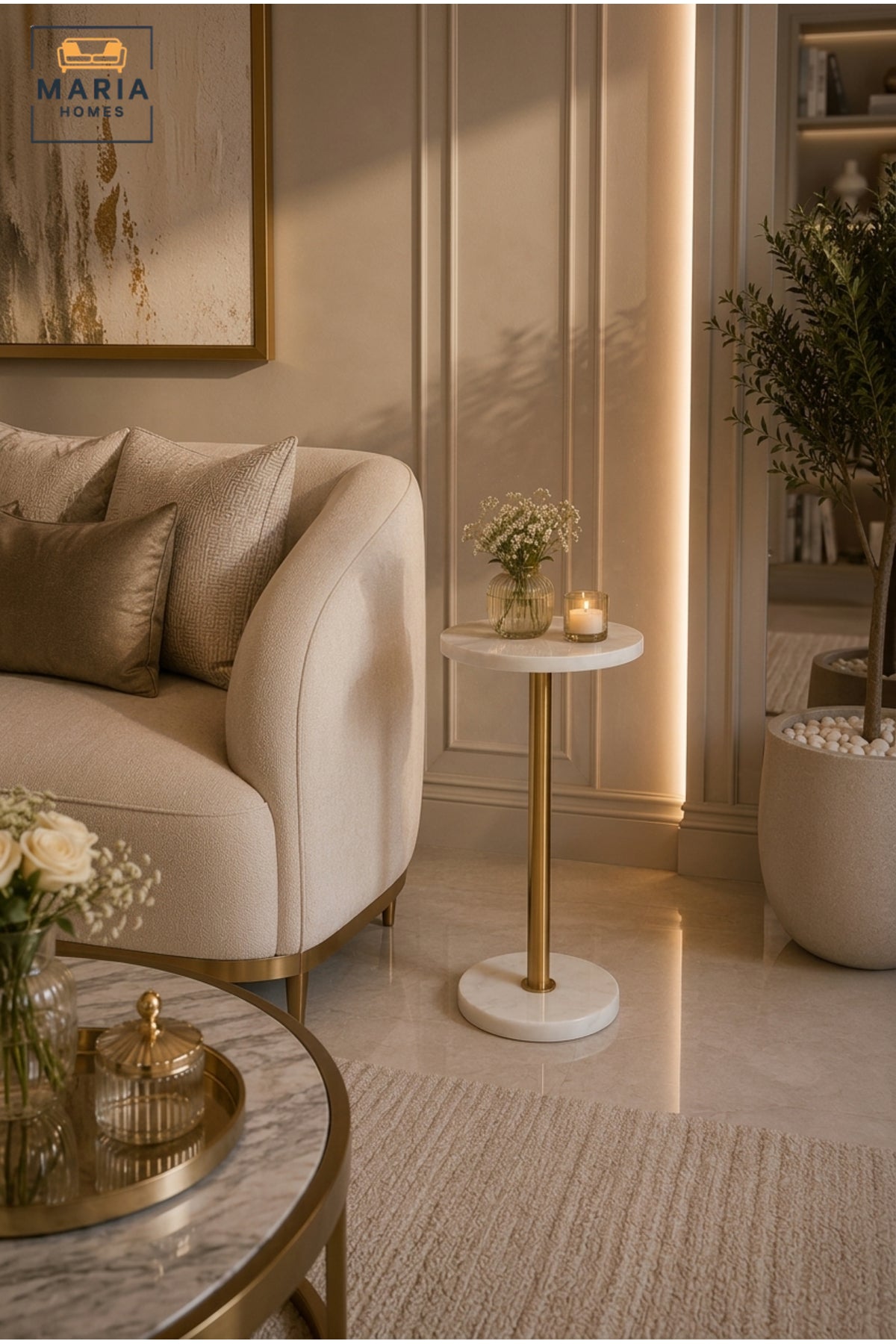 Luxury Marble Side Table Gold Metal Frame Round Accent Table for Living Room Bedroom