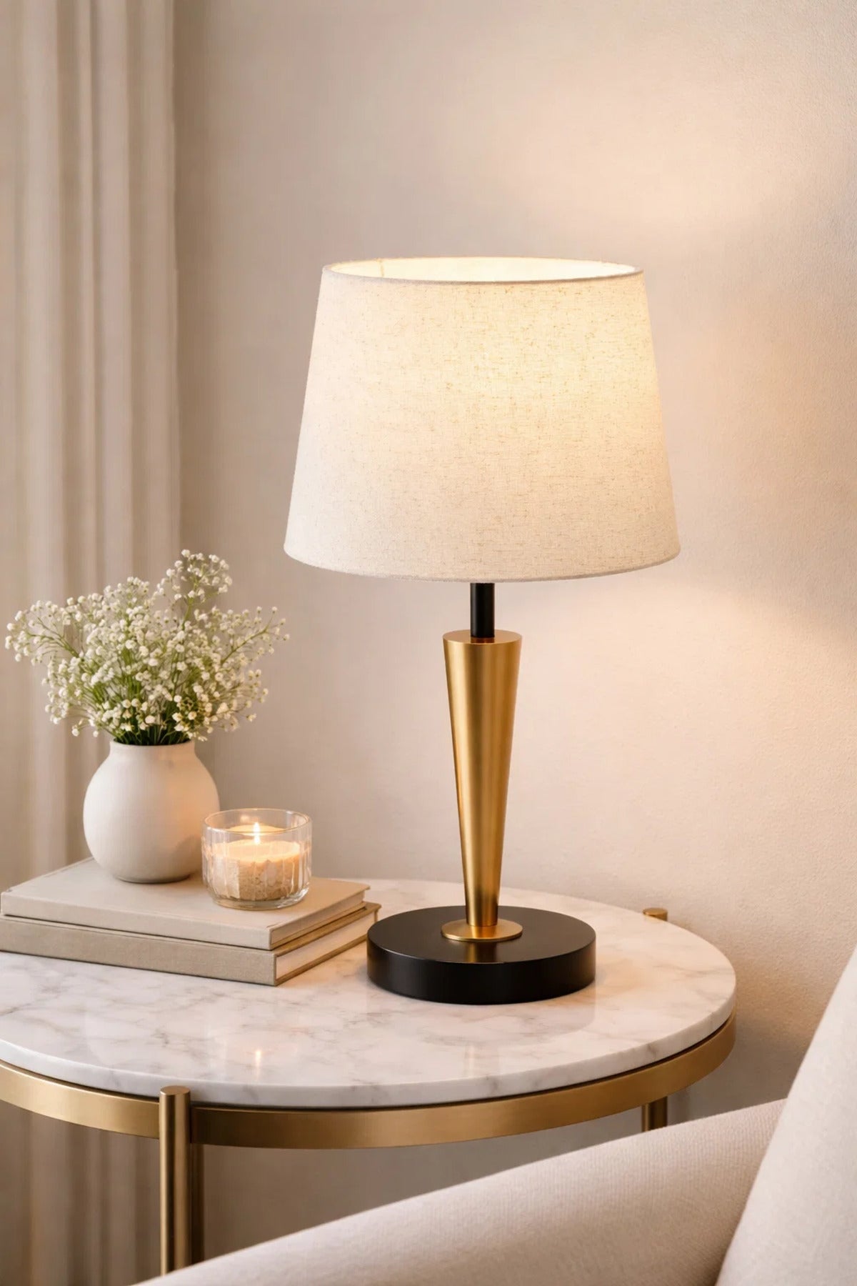 Modern Table Lamp Bedside Lighting with Fabric Shade and Gold Metal Base