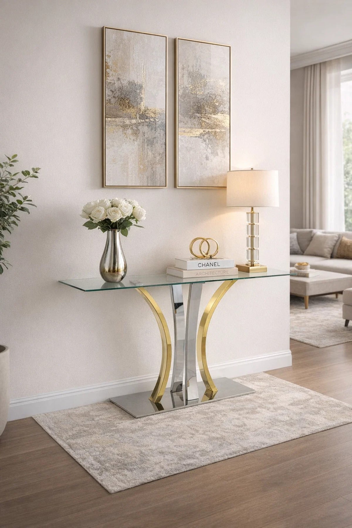 Luxury Modern Glass Console Table Gold Silver Metal Legs Hallway Entryway Furniture 140x40x80cm
