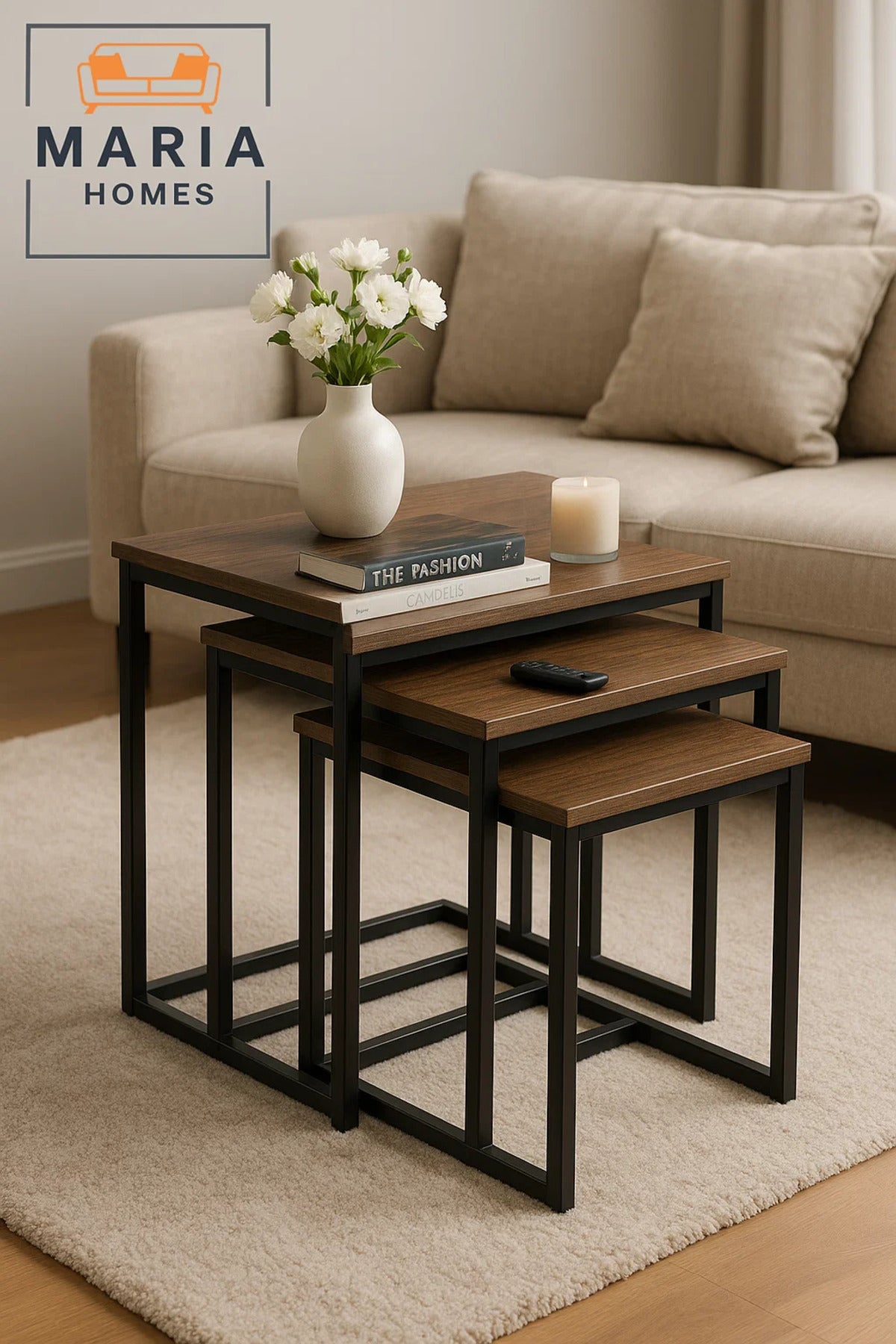 Set of 3 Rectangular Nesting Tables with Wood Tops and Black Frames