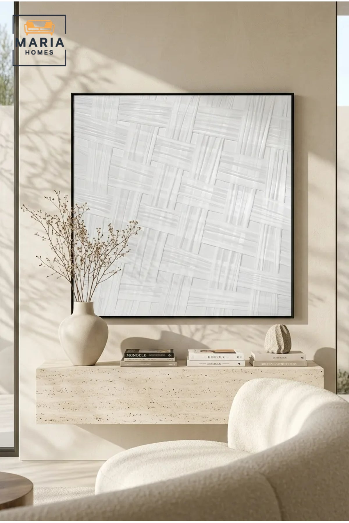 White Woven Texture Wall Art with Black Frame √ê Modern Abstract Minimalist Decorative Panel