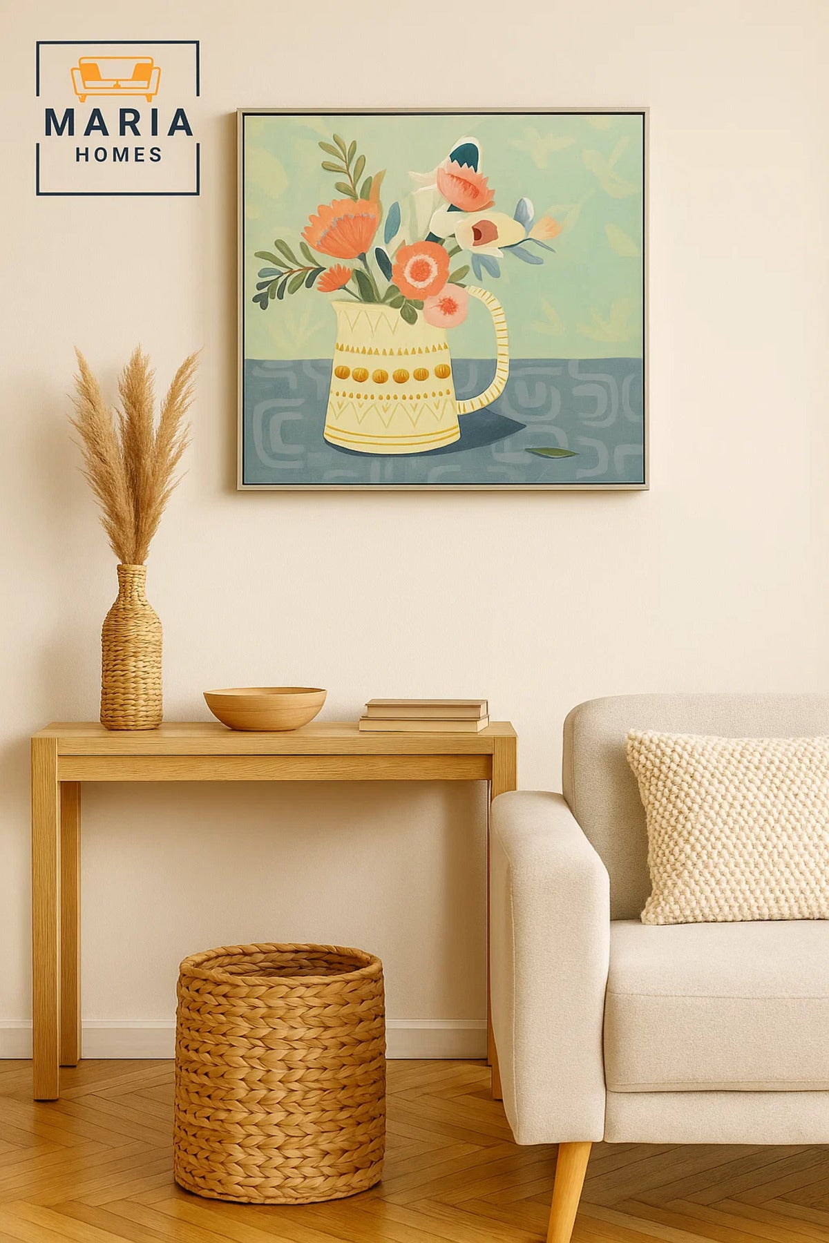 Framed Floral Wall Art Ð Vase with Pastel Flowers on Soft Blue Background.Size 80*80 cm