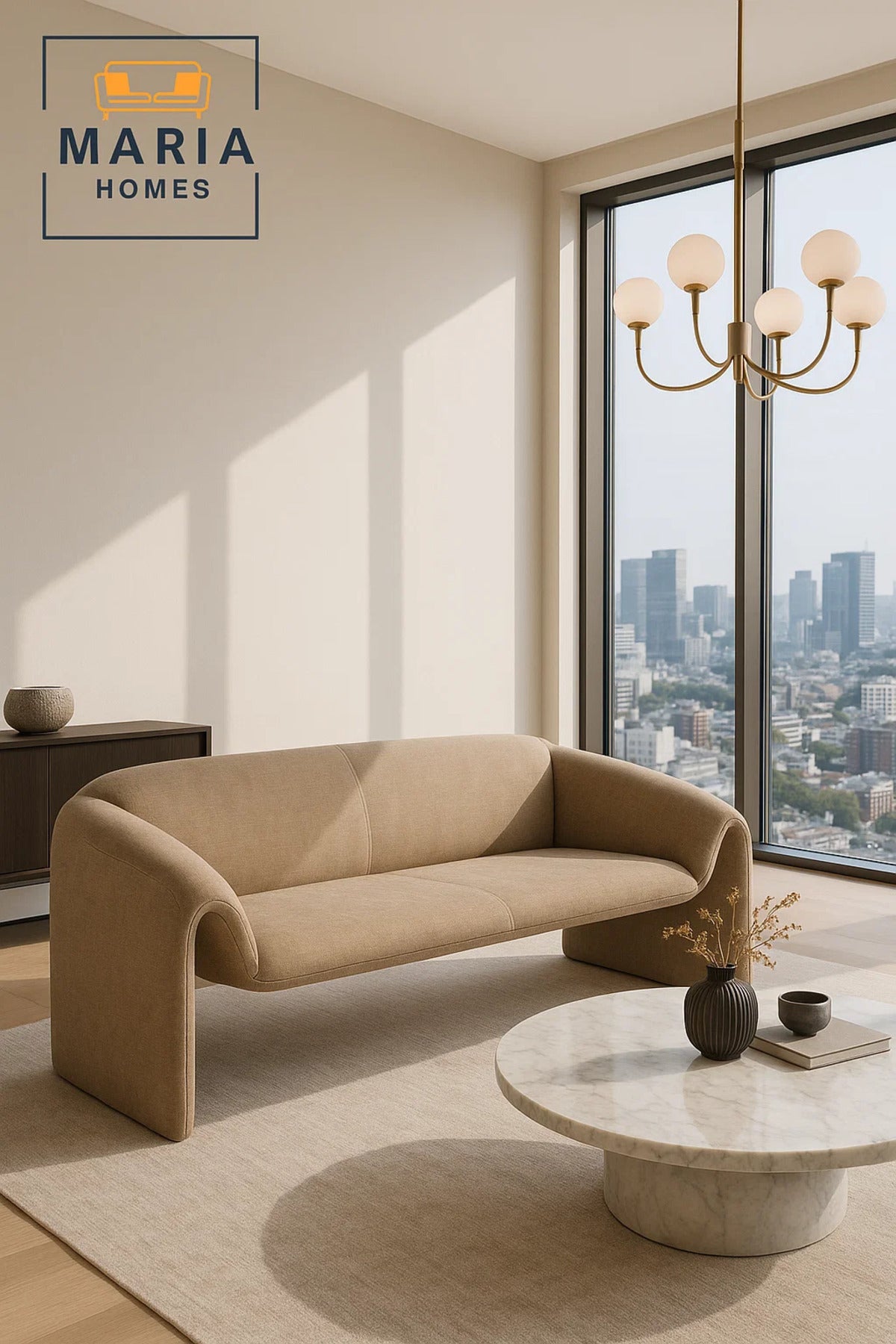 Modern Beige Sofa √ê Curved Fabric 3-Seater for Living Room & Lounge Spaces