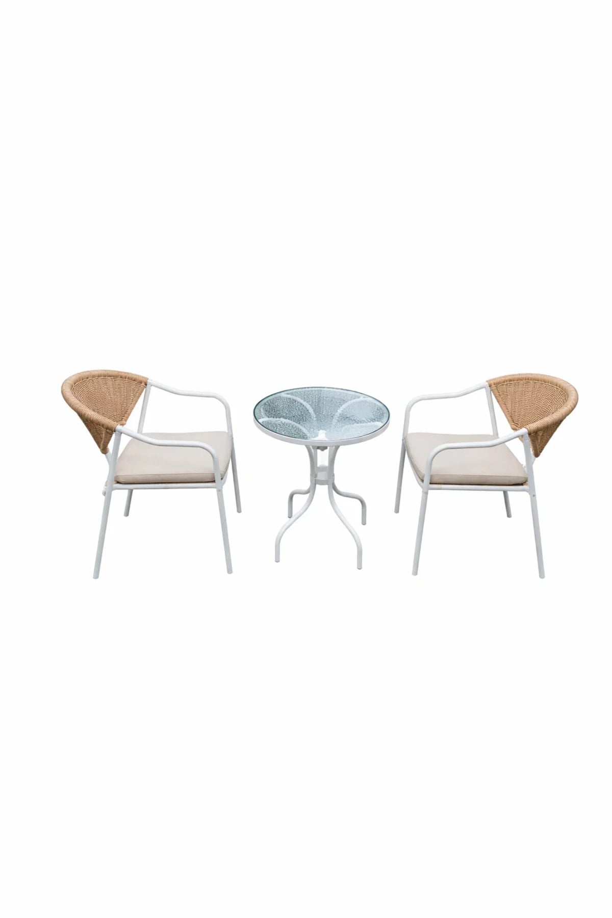 Modern 3-Piece Patio Bistro Set White Metal Frame Rope Chairs Glass Table for Balcony Garden