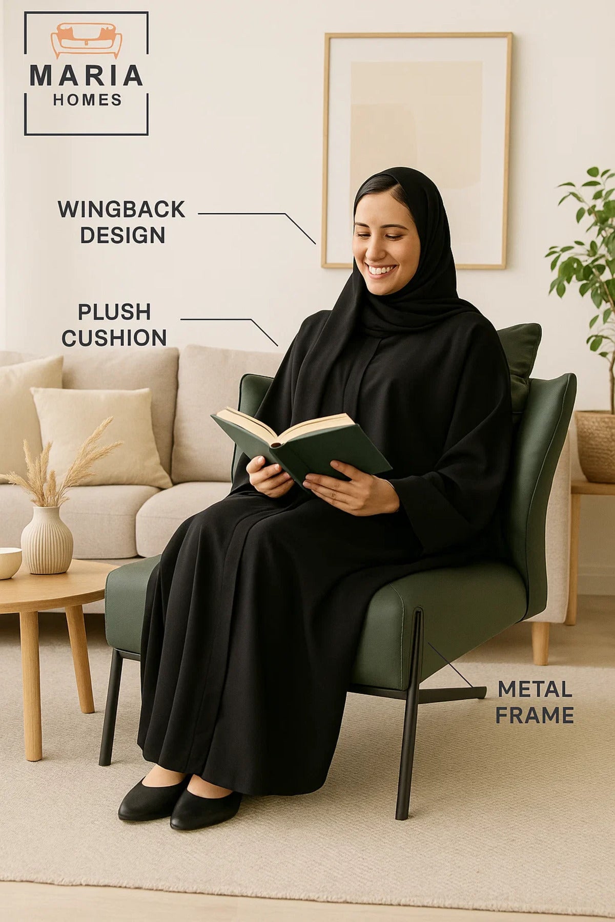 Modern Dark Green Lounge Chair with Winged Back