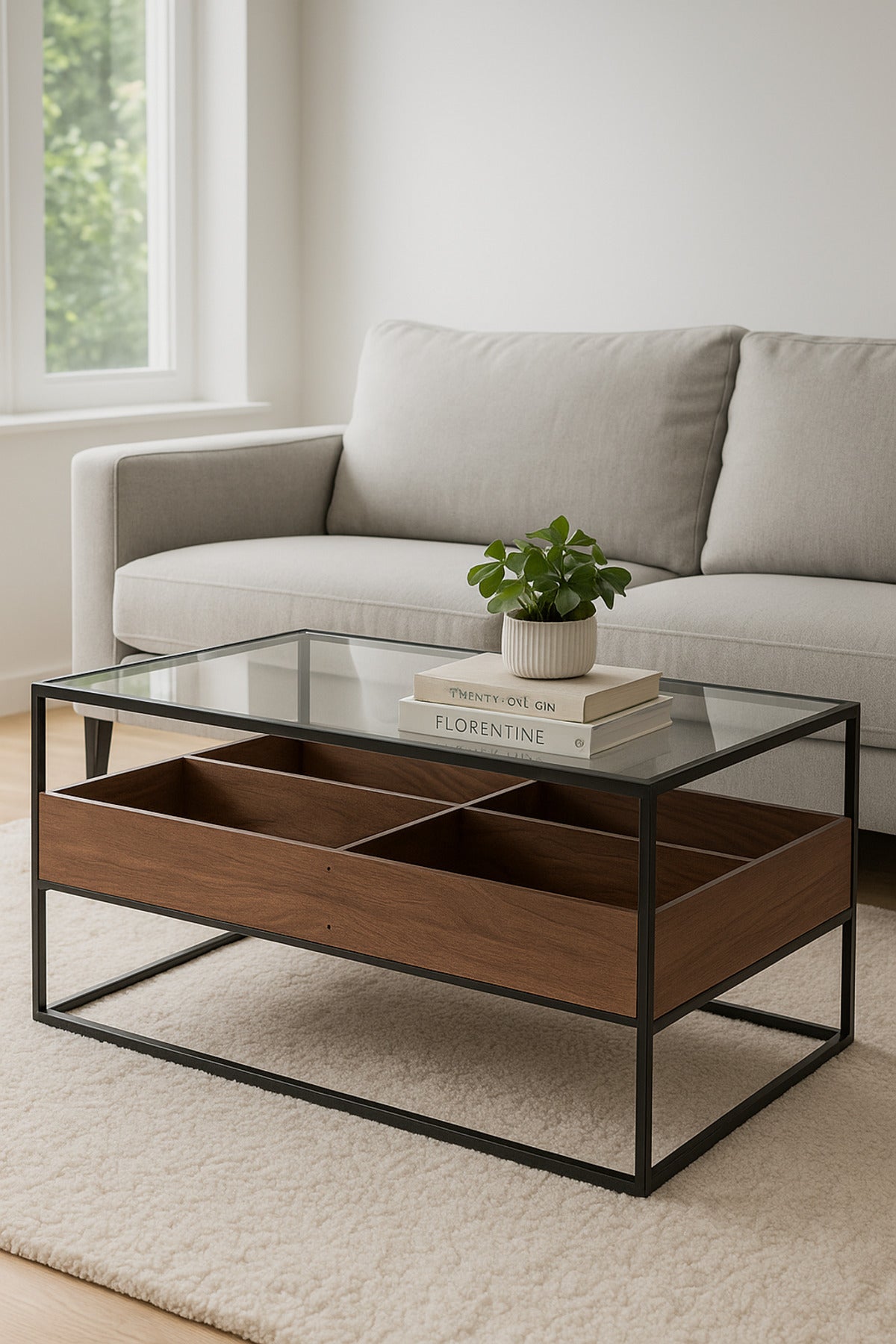 Walnut Coffee Table with Glass Top & Black Metal Frame Ð 120_60_45 cm