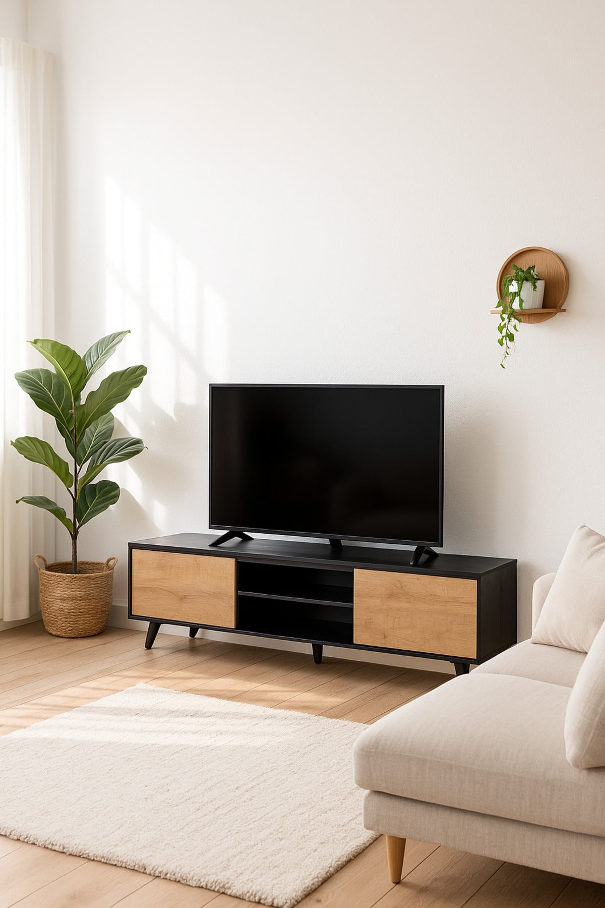 Walnut and Black Wooden TV Stand 180_40_57 cm Ð Modern 2-Door TV Unit with Open Shelves