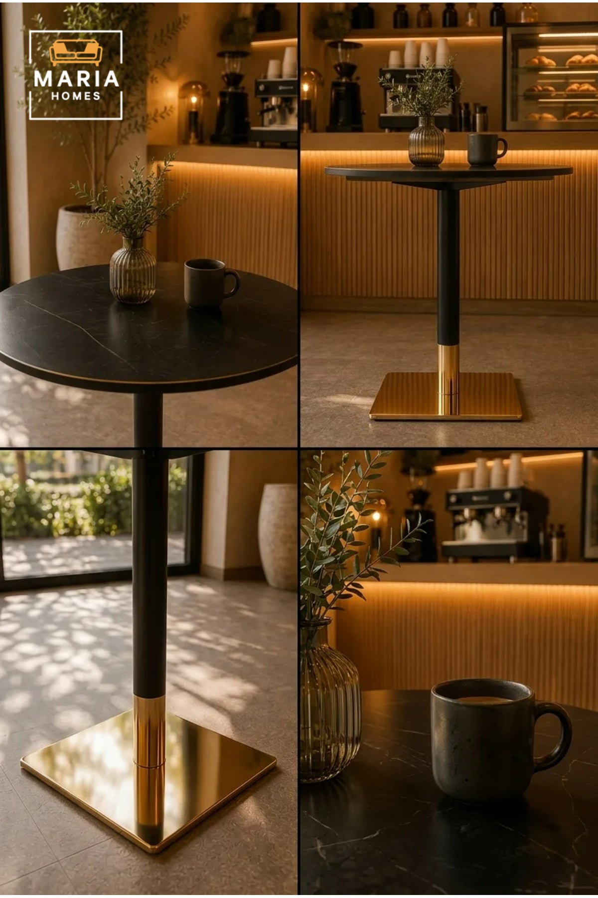 Modern Round Cafe Table with Gold Pedestal Base for Dining Room Bistro Furniture