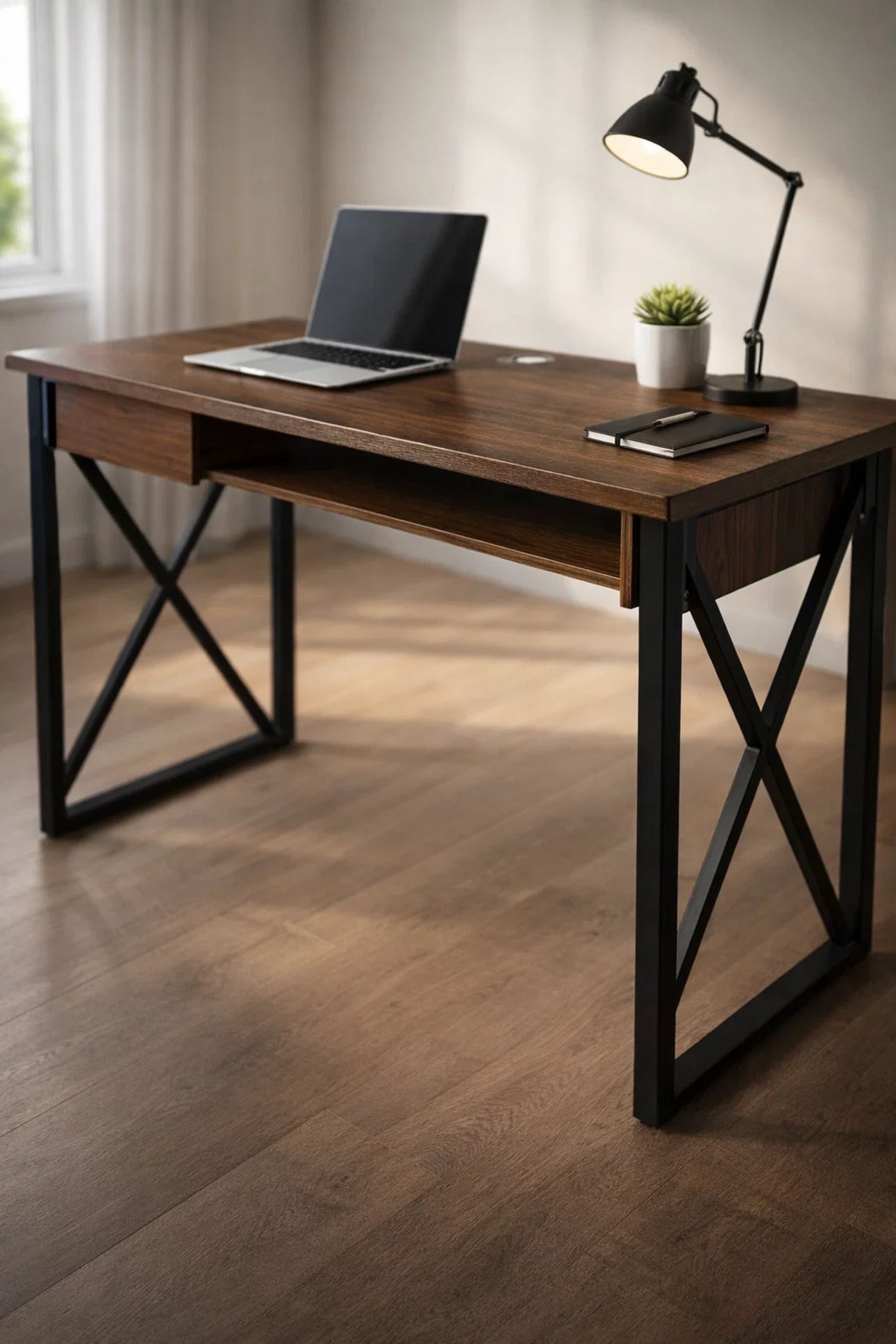 Modern Brown Office Desk with Metal Frame 100 _ 50 75 cm modern brown office