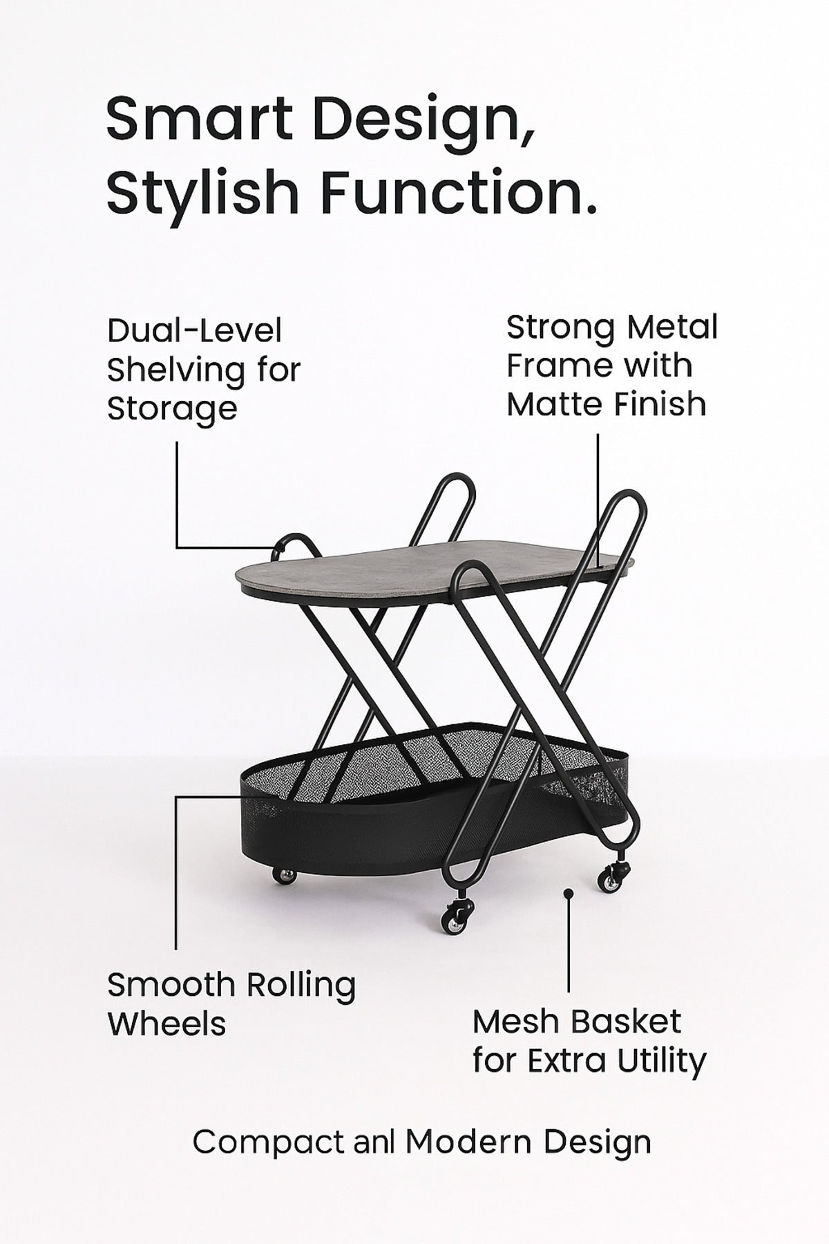 Gray Metal Serving Trolley Ð 2-Tier Industrial Bar Cart with Mesh Basket & Wheels 70_44_85 cm