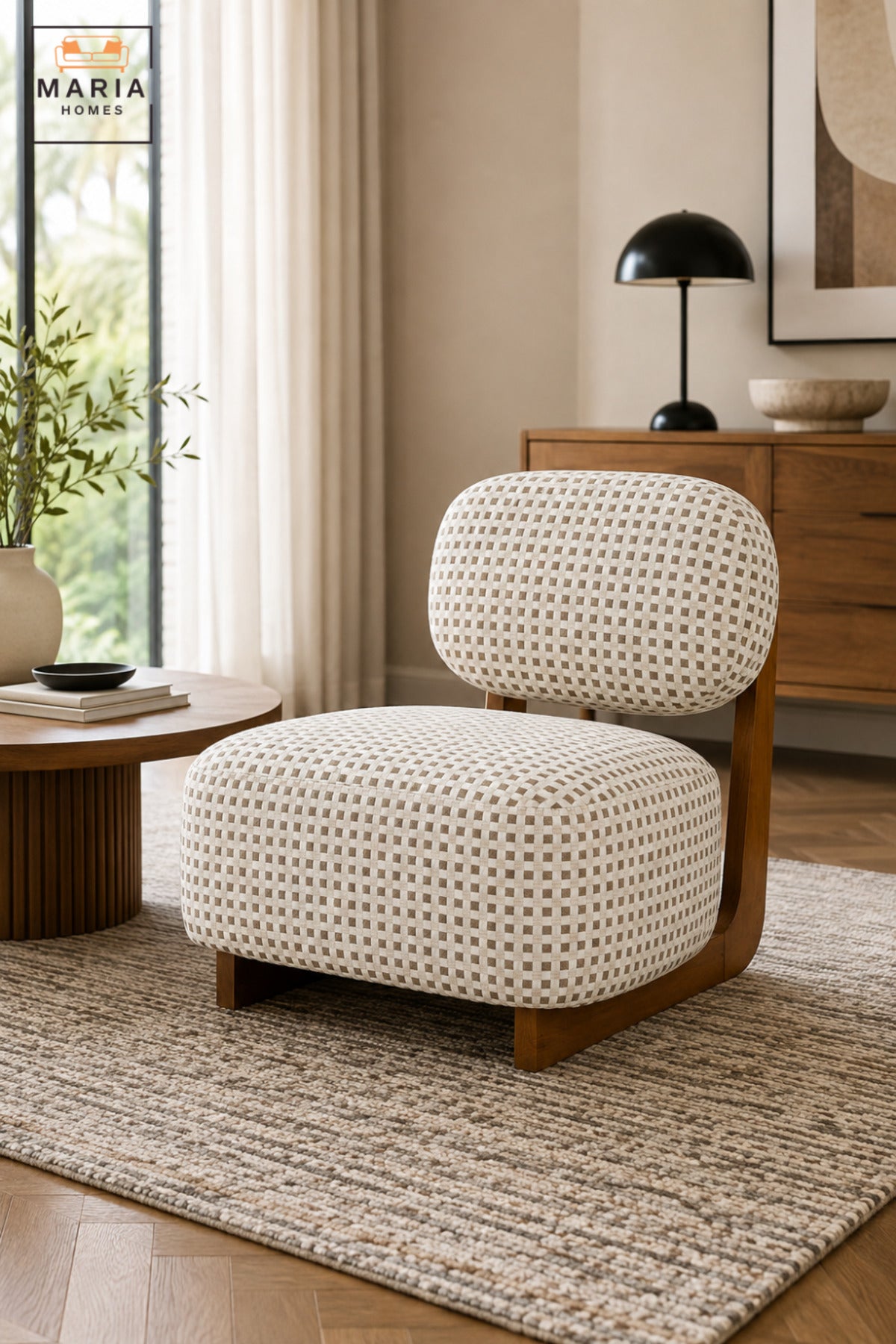 Modern Checkered Upholstered Accent Chair with Wooden Frame & Padded Backrest | Contemporary Armless Lounge Chair for Living Room, Bedroom & Reception