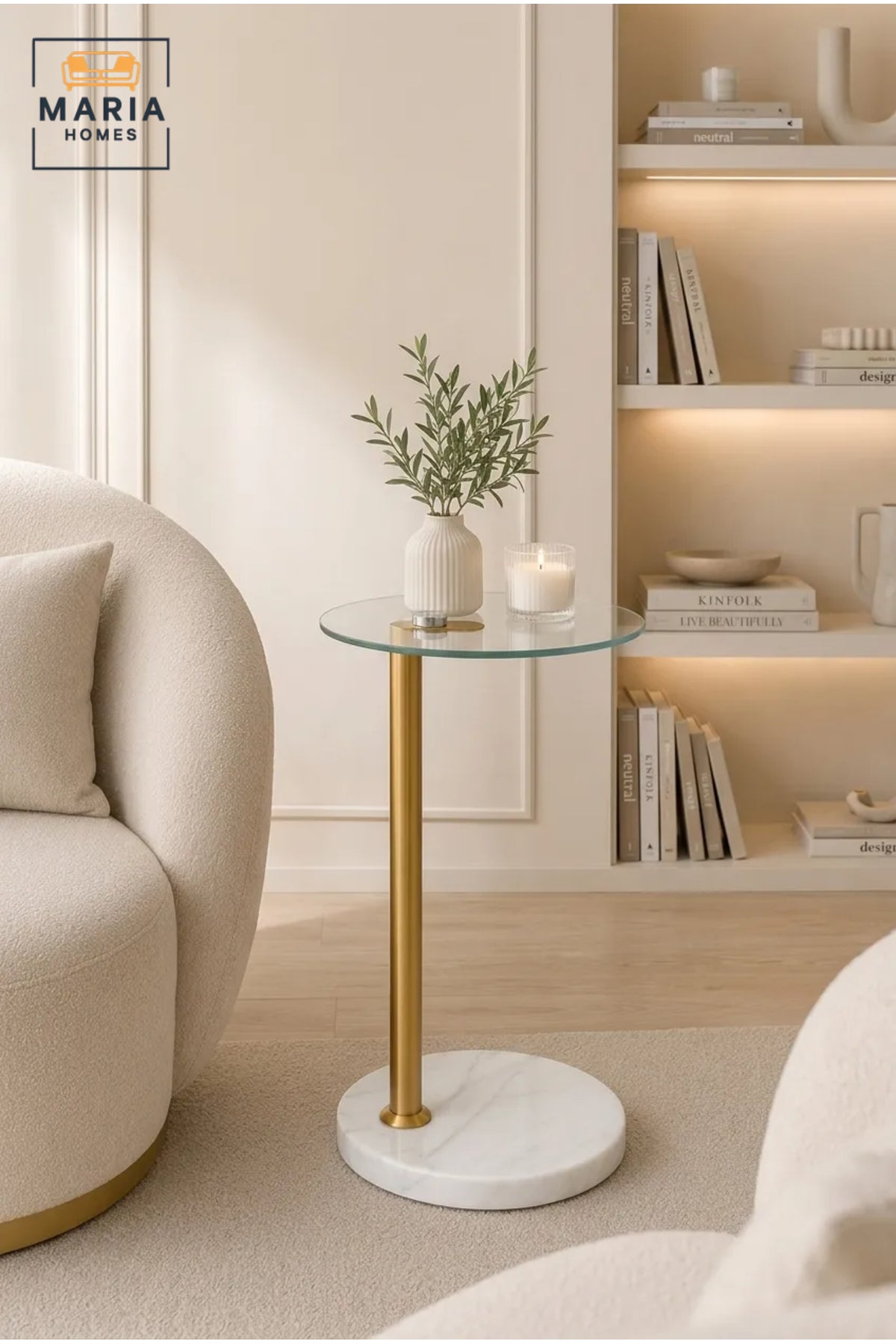 Modern Glass Side Table with White Marble Base √ê Round Tempered Glass Accent Table with Gold Metal Frame for Living Room, Bedroom & Luxury Interiors