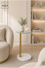 Modern Glass Side Table with White Marble Base √ê Round Tempered Glass Accent Table with Gold Metal Frame for Living Room, Bedroom & Luxury Interiors