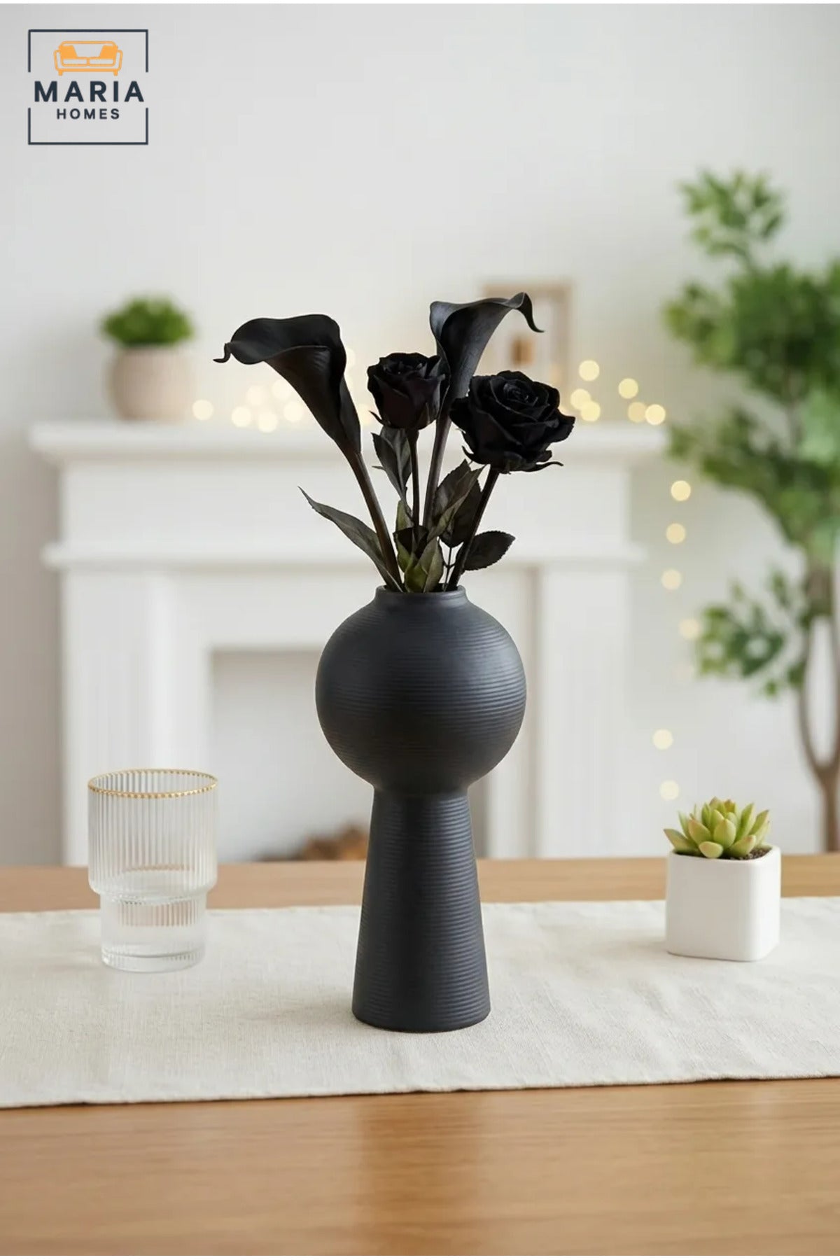 Modern Decorative Flower Vase with Sculptural Round Top, Tapered Base and Textured Finish for Living Room, Bedroom, Office, Shelf and Console Décor