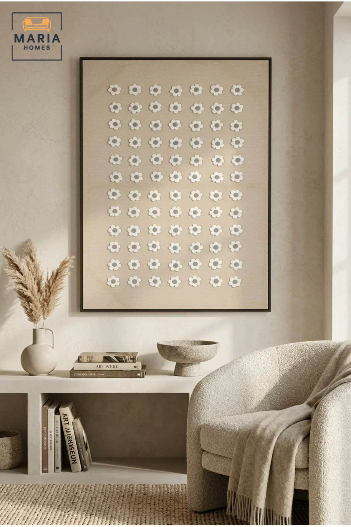 Modern Floral Textured Wall Art with Slim Black Frame, White Flower Pattern on Neutral Beige Canvas for Living Room, Bedroom, Hallway and Office Décor