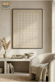Modern Floral Textured Wall Art with Slim Black Frame, White Flower Pattern on Neutral Beige Canvas for Living Room, Bedroom, Hallway and Office Décor