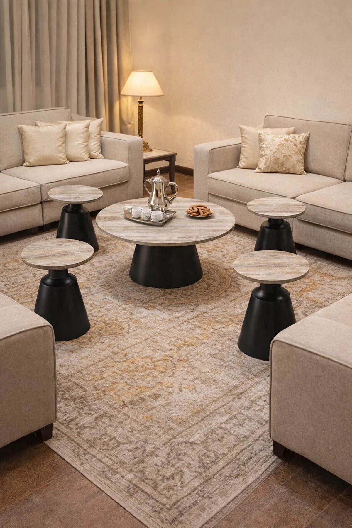 Stylish 7-Piece Round Coffee Table Set Wood Top Black Pedestal Base Modern Home Living Room Decor